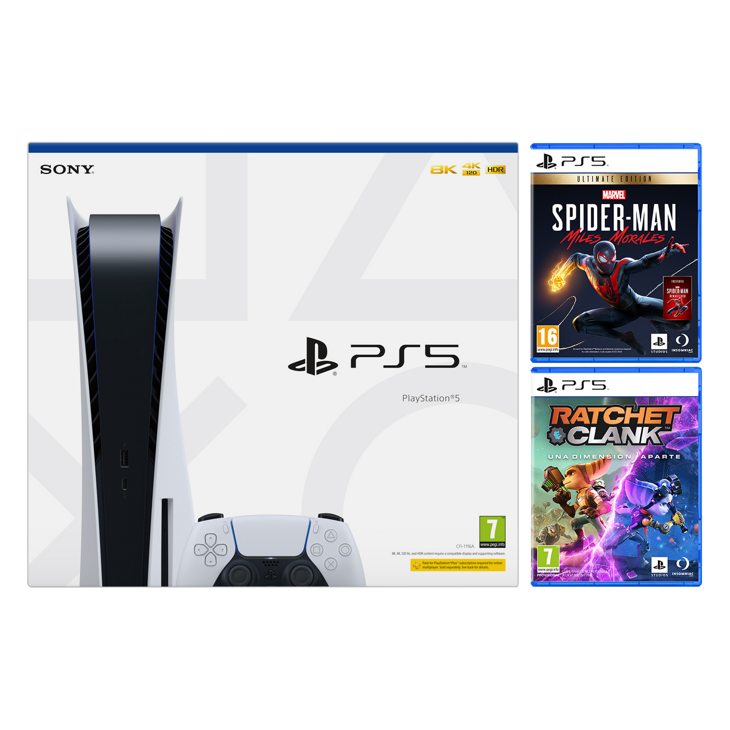 Consola - Sony PS5, 825 GB, 4K, HDR, Blanco + Marvel's Spider-Man: Miles Morales Ultimate Edition + Ratchet & Clank: Una Dimensión Aparte