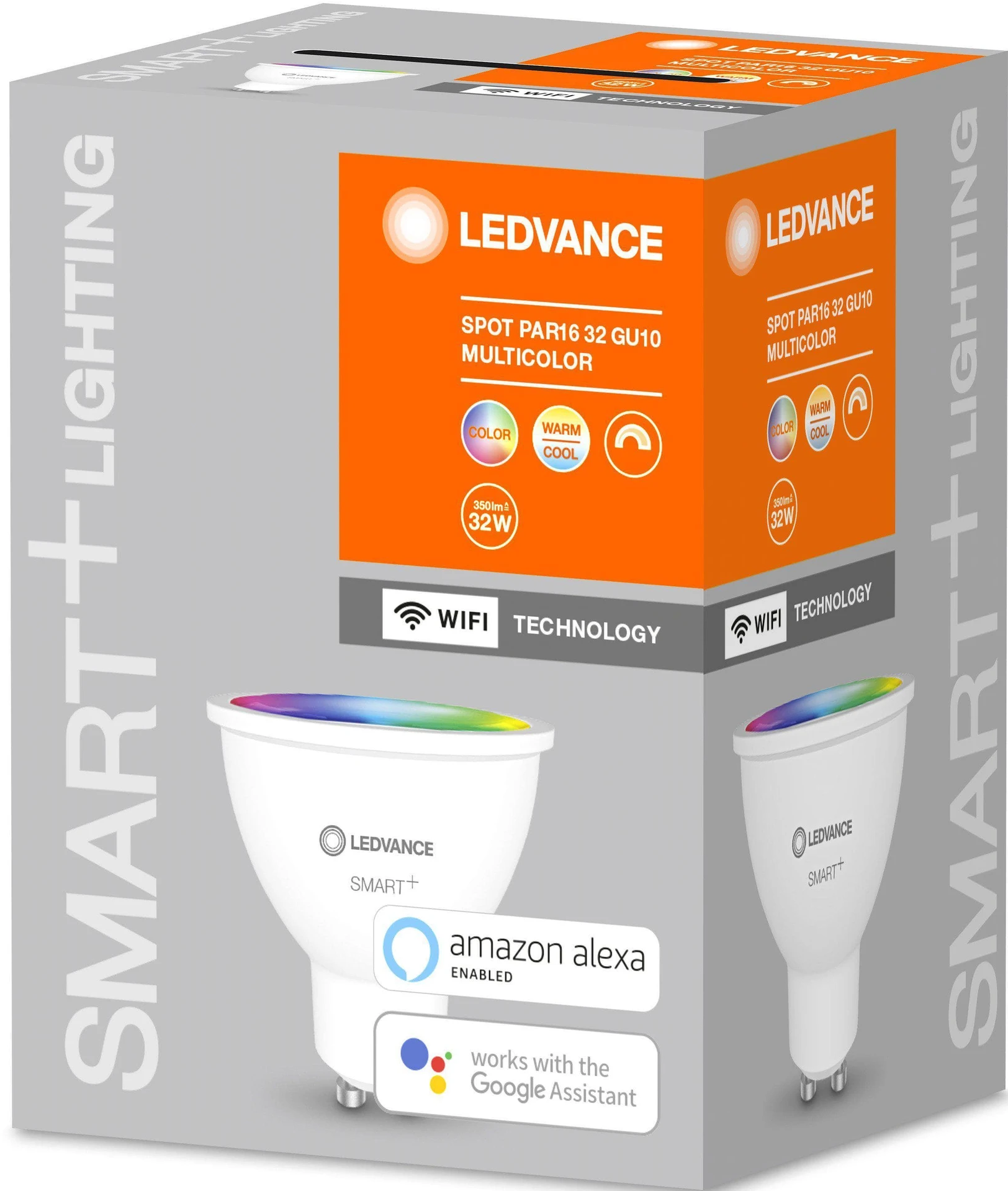 Eine LEDVANCE Smart-Glühbirne in einer Box. Die Verpackung zeigt Funktionen und Branding.