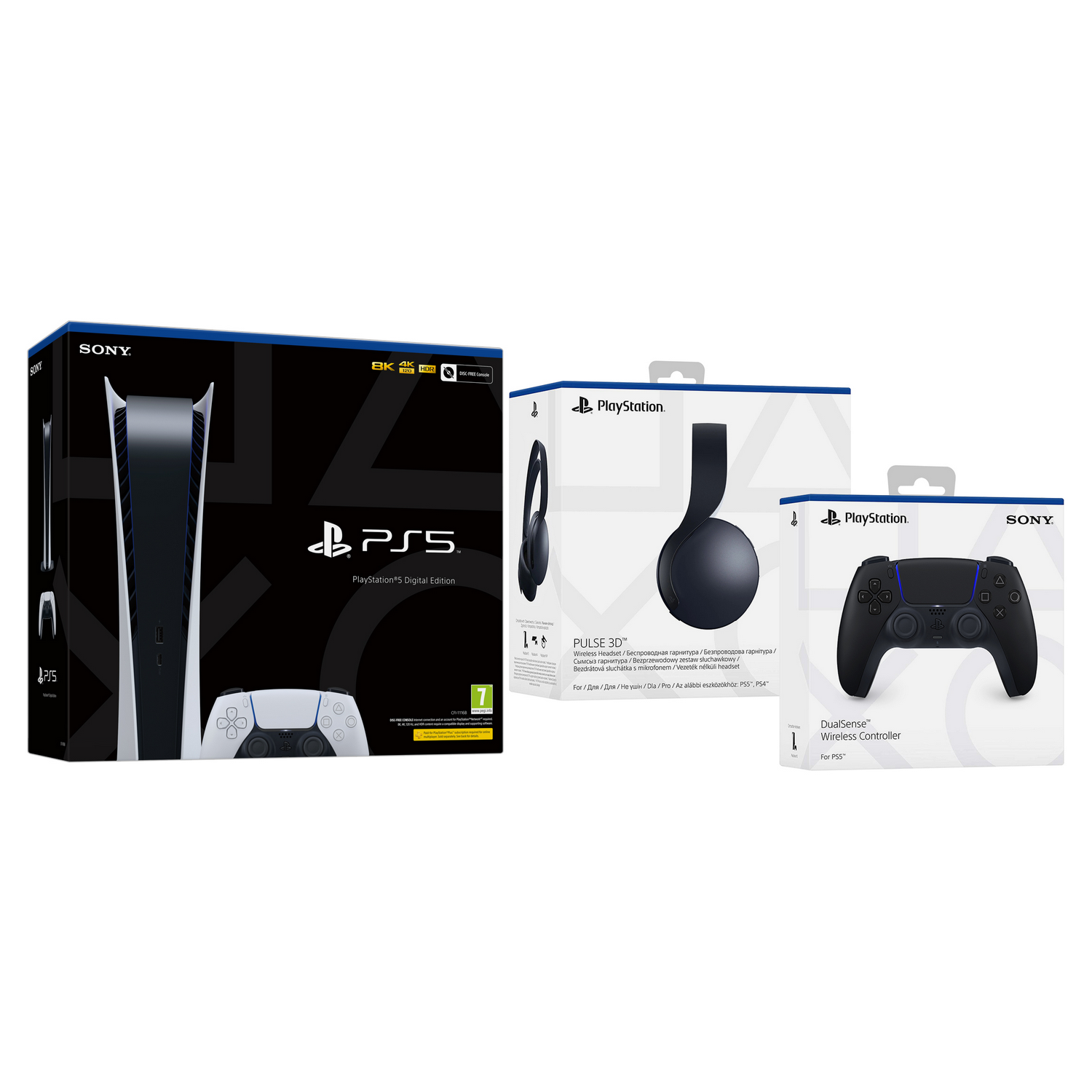 Consola - Sony PS5 Digital Edition, 825 GB, 4K, HDR, Blanco + Auriculares gaming Sony Pulse 3D + Mando Sony PS5 DualSense™ Wireless Controller