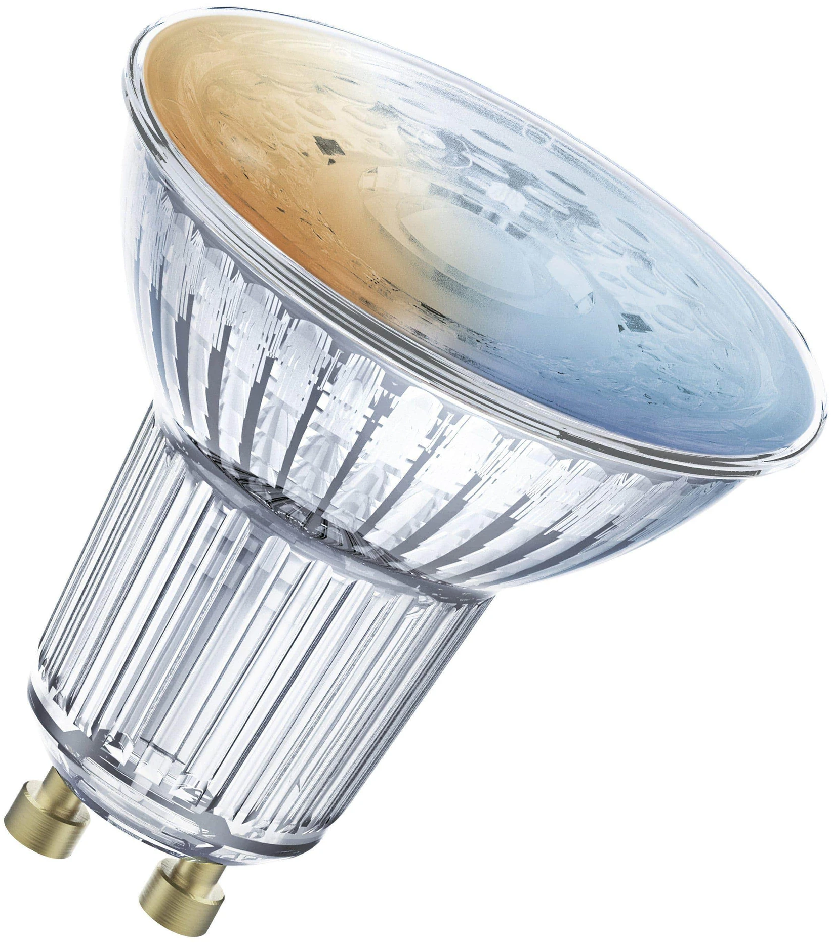 Ampoule en verre transparent avec base argentée, inclinée vers le spectateur.