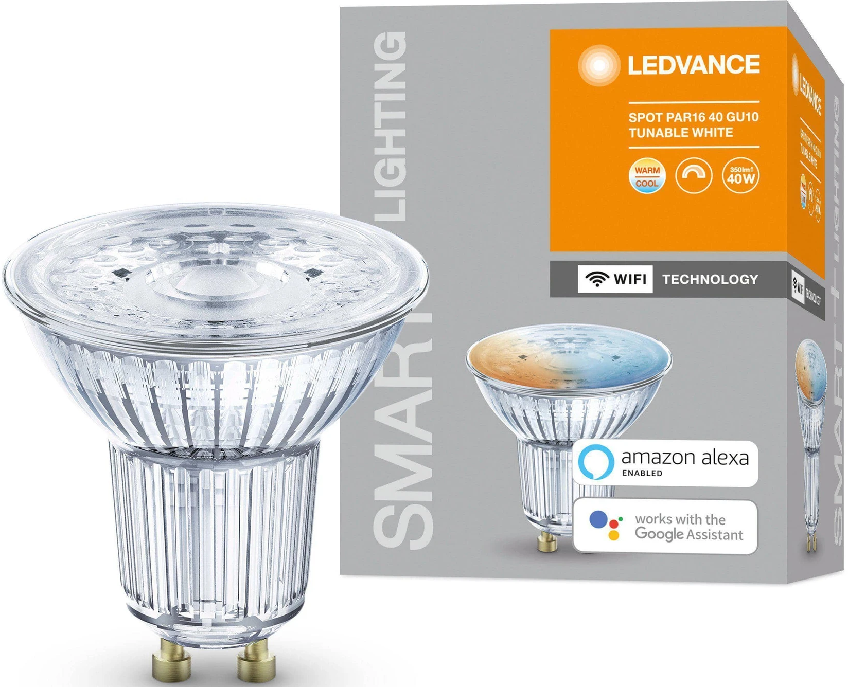 Ampoule LEDVANCE PAR16 40 GU10 blanc réglable et emballage. Ampoule blanche avec boîte.