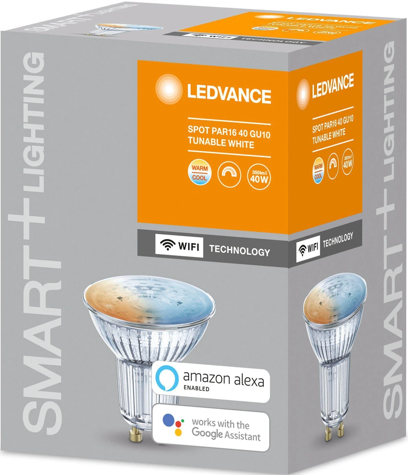 Boîte avec ampoule LEDVANCE, info produit. L'ampoule est en verre et de couleur bleue, orange et jaune.