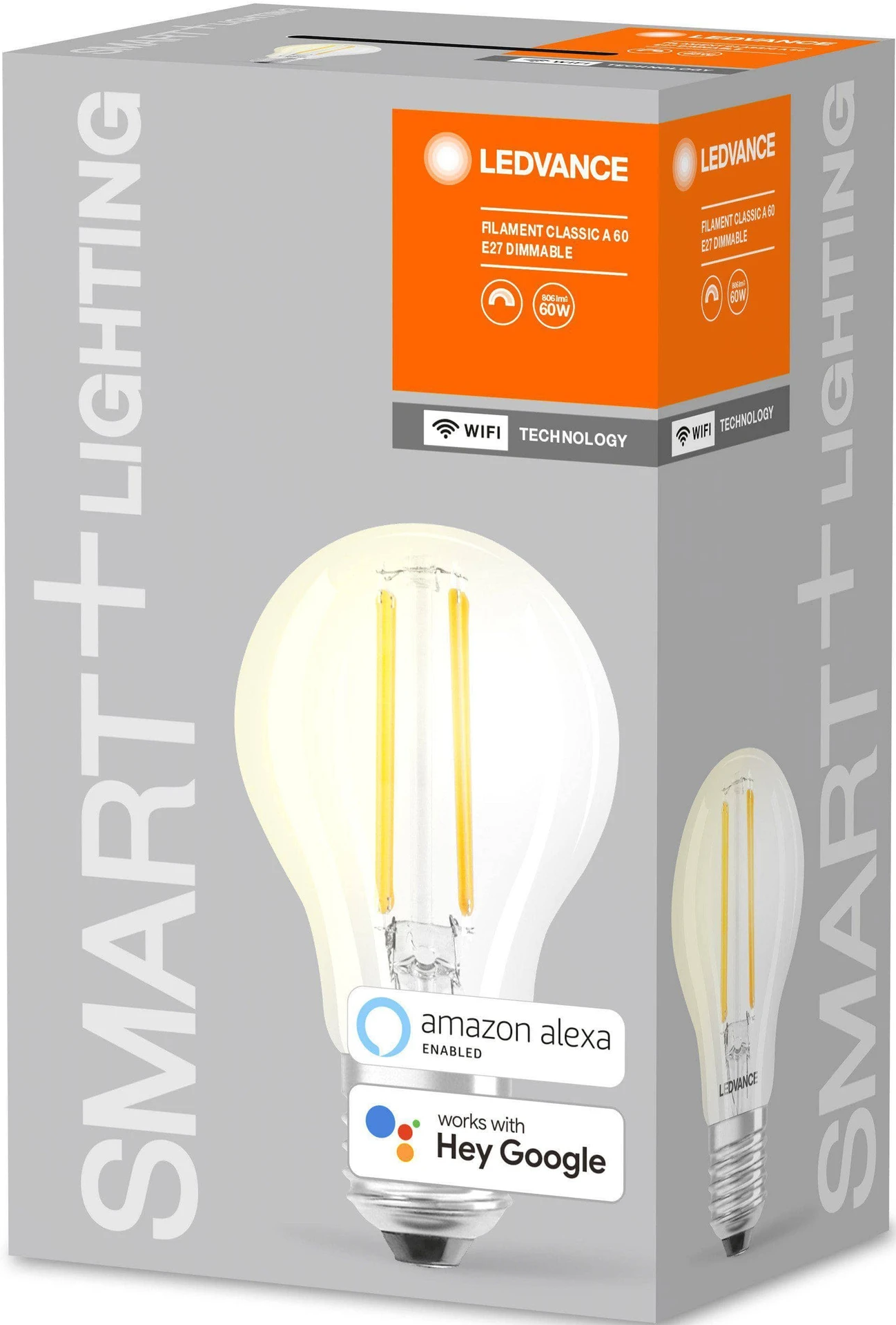 Une boîte d'ampoules avec une ampoule visible, affichant 'SMART+ LIGHTING' et 'WIFI TECHNOLOGY'.