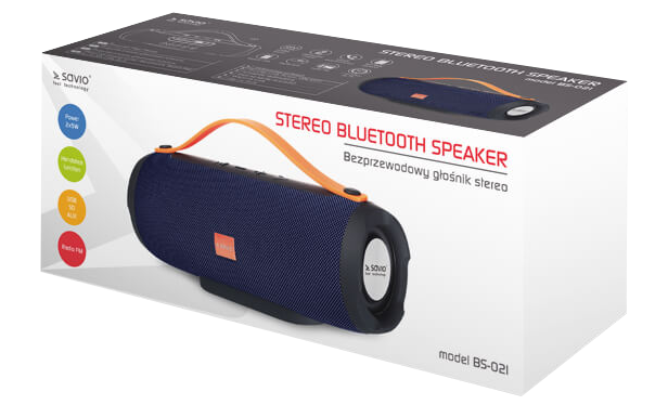 Egy sztereó Bluetooth hangszóró a csomagolásában, fogantyúval és termékadatokkal.
