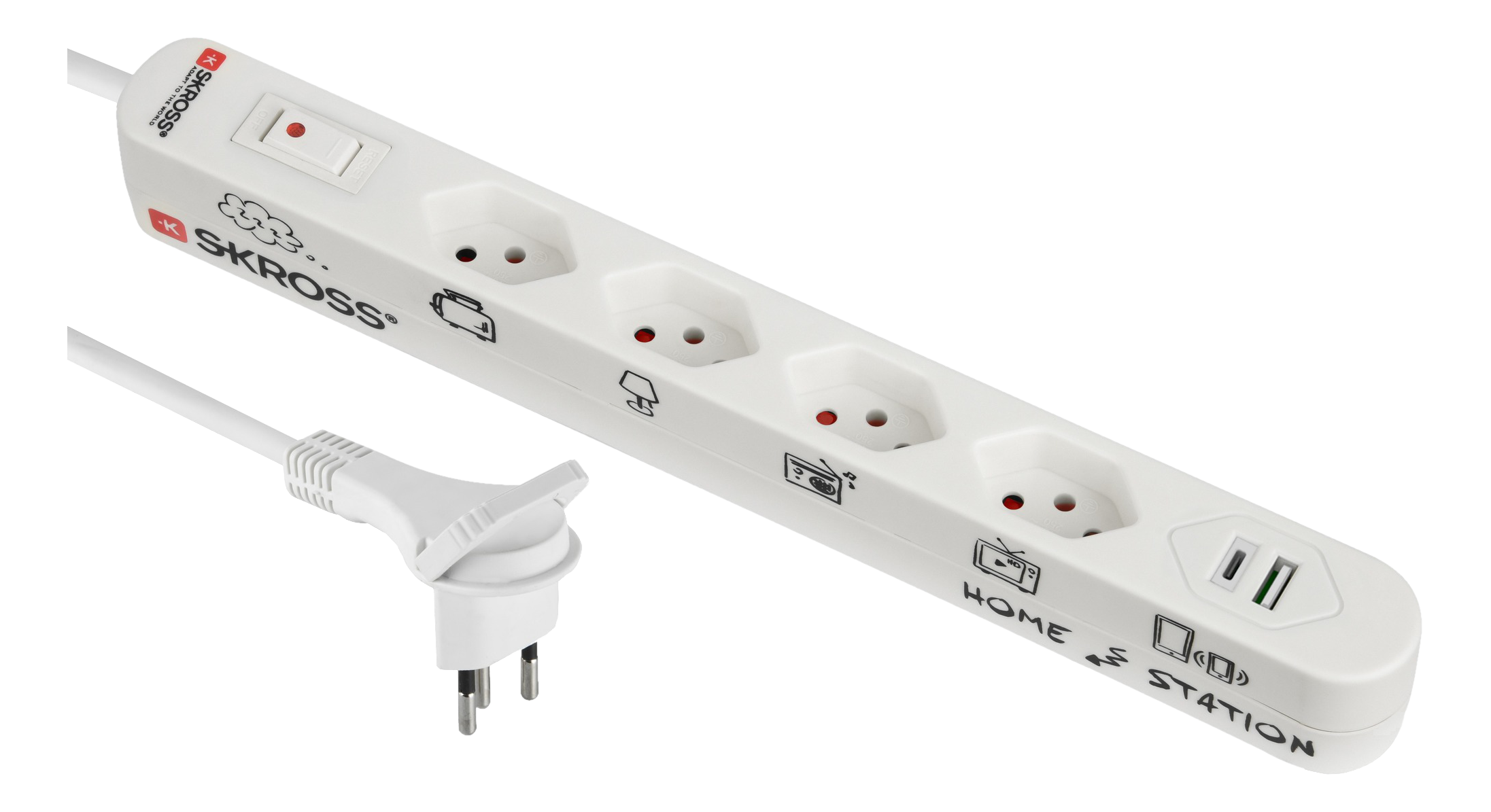 Ciabatta SKROSS bianca con 3 prese, USB e una spina.