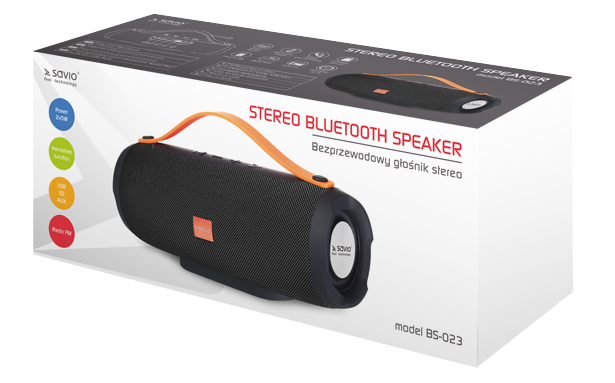 Sztereó Bluetooth hangszóró dobozban, narancssárga fogantyú, fekete test fehér szöveggel és dizájnnal.