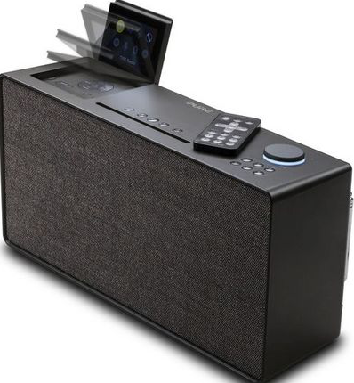 Radio noire avec écran et télécommande, avec une housse de haut-parleur en tissu.