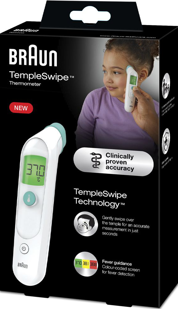 Scatola del termometro Braun TempleSwipe, con un bambino che tiene il dispositivo.