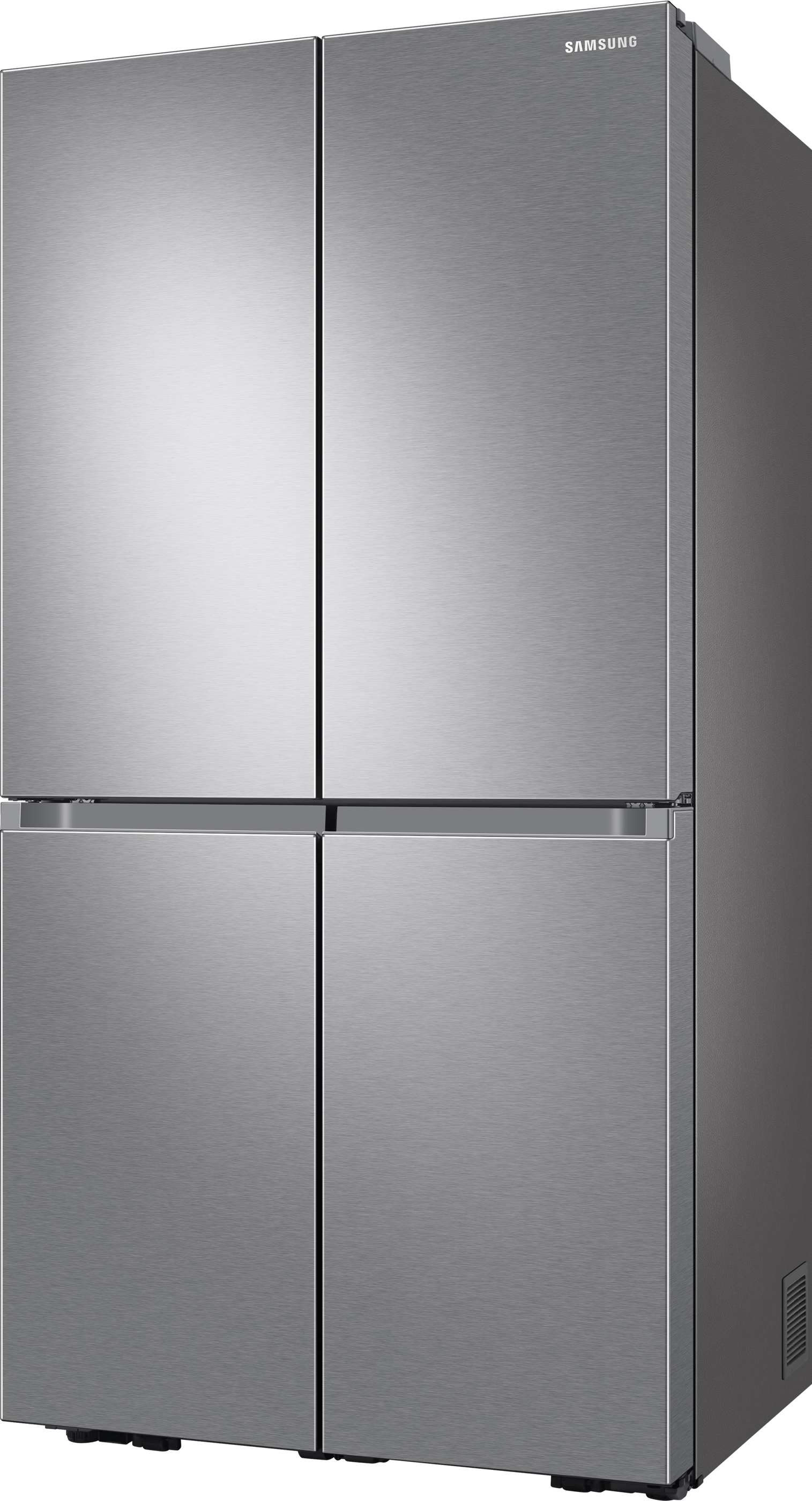 Kühlschrank mit vier Türen aus Edelstahl von Samsung.