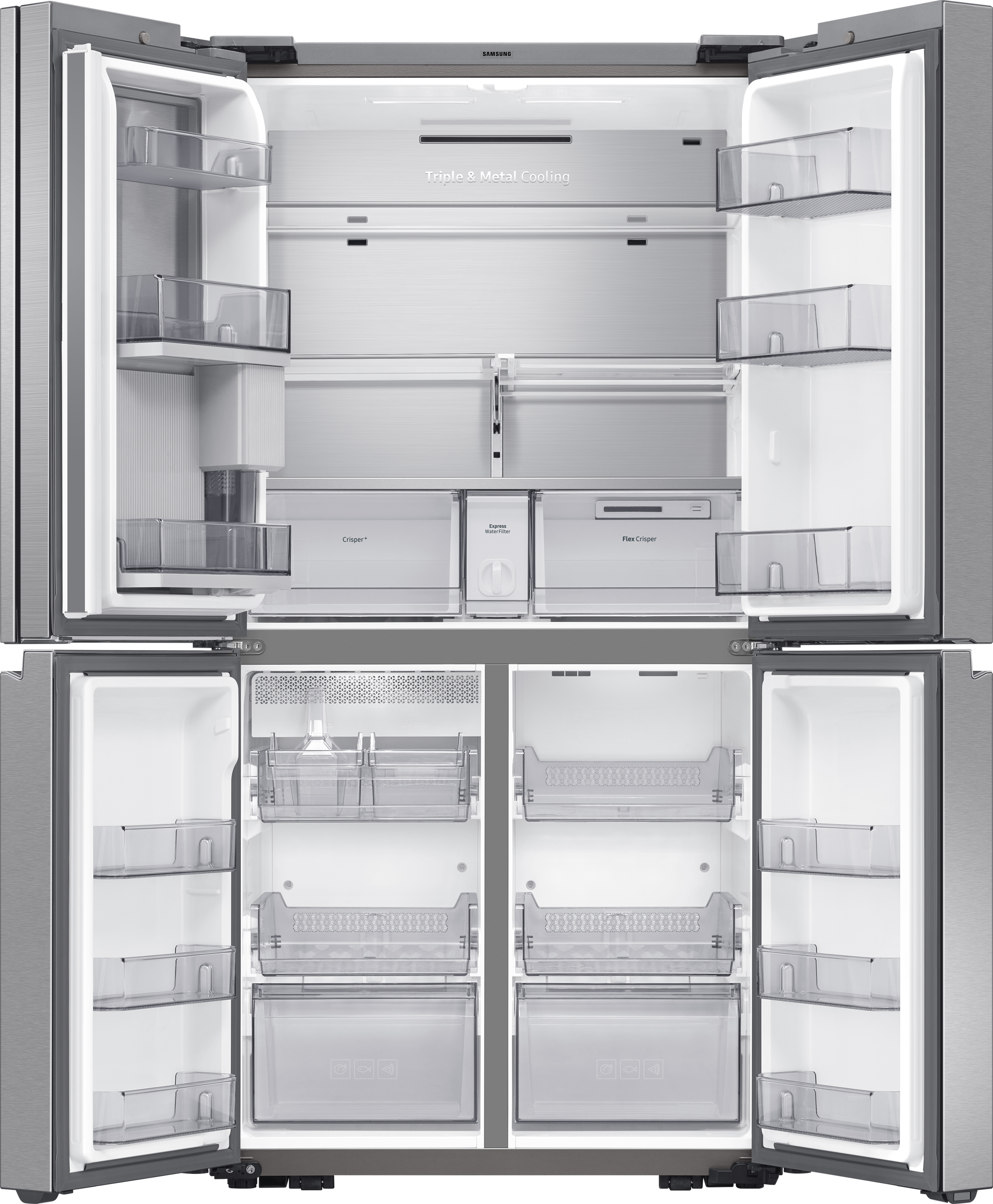 Ein Edelstahlkühlschrank mit vollständig geöffneten Türen, der Regale, Schubladen und interne Komponenten zeigt.