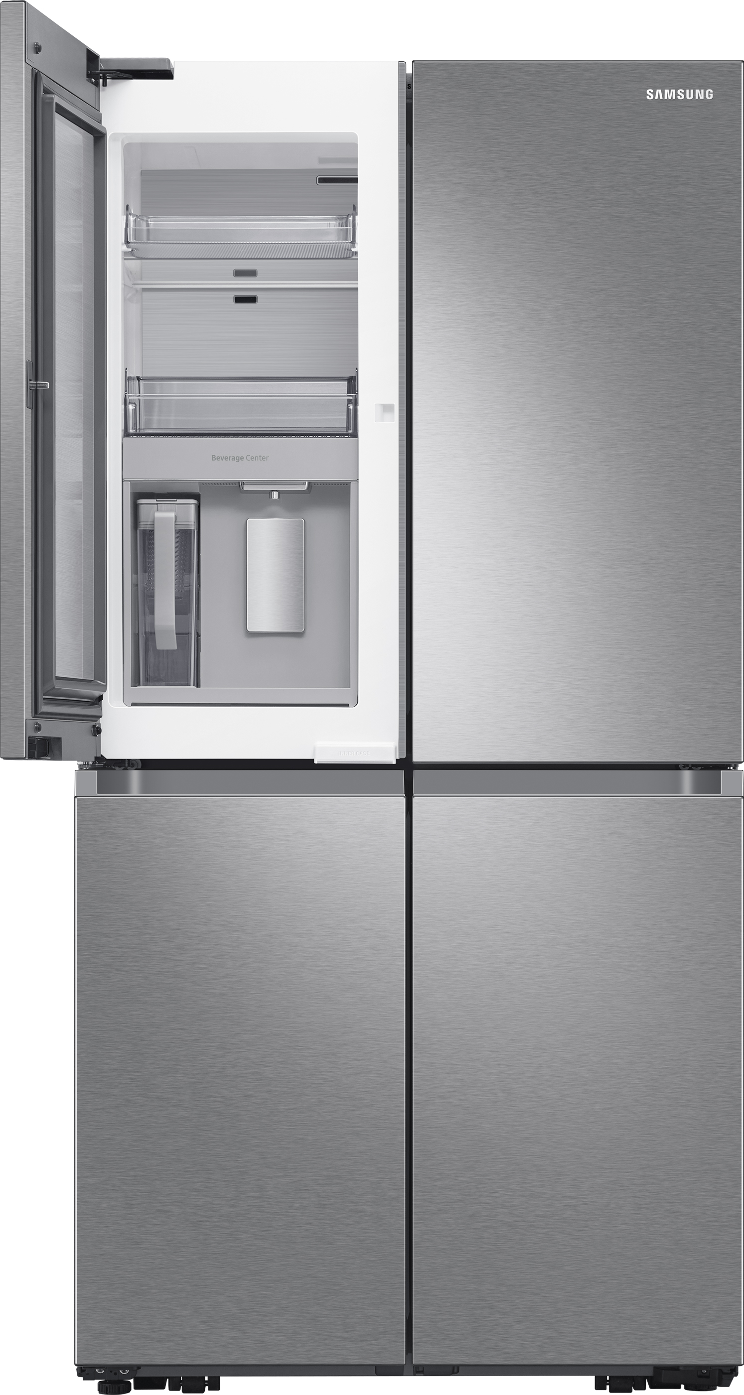 Kühlschrank aus Edelstahl mit vier Türen, zwei geöffnet, zeigt Innenfächer.