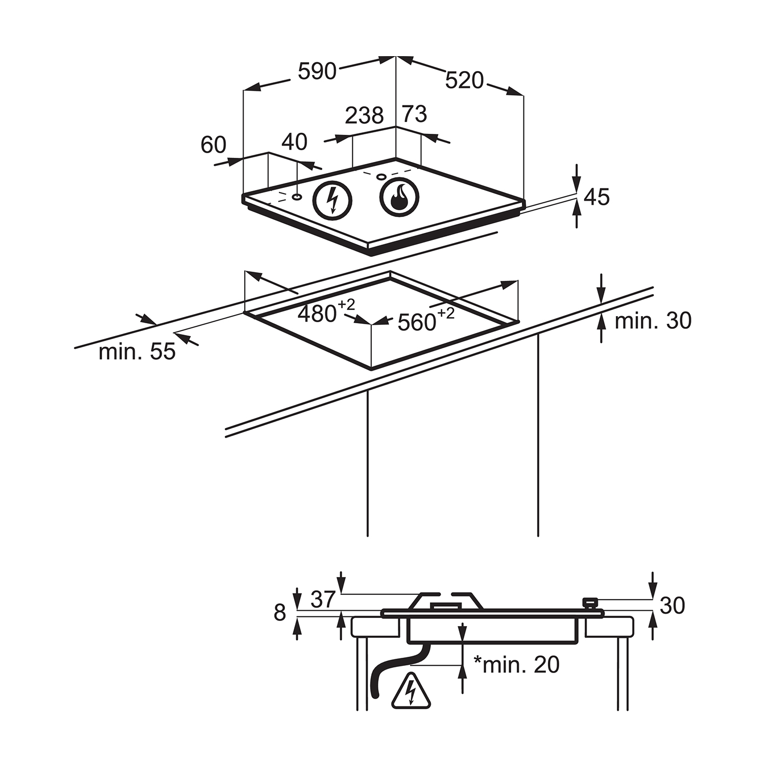 Diagramma di un piano cottura. Mostra le misure e la posizione dei bruciatori.