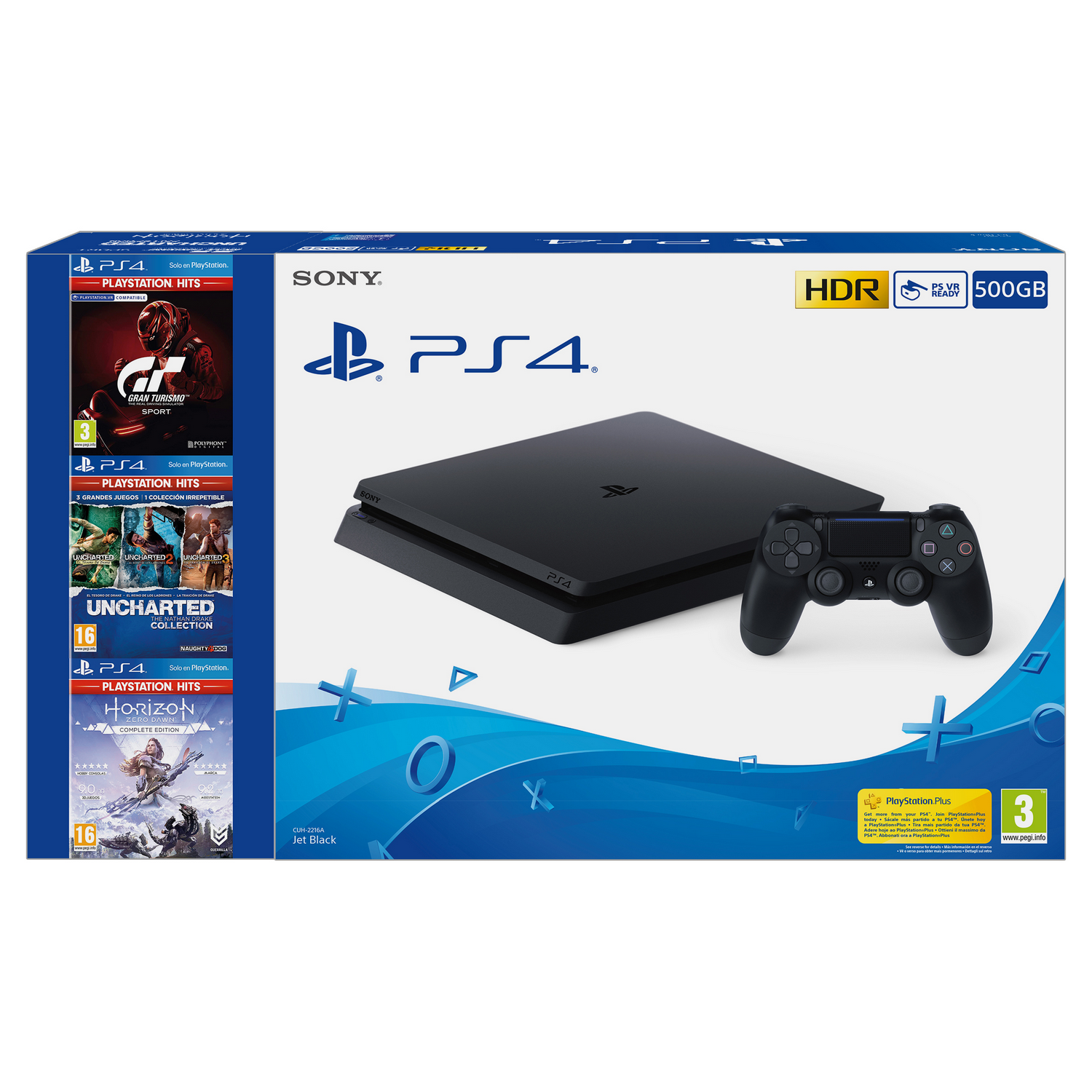 Consola PS4 negra, mando y carcasas de juegos en una caja. Texto: Playstation Hits.