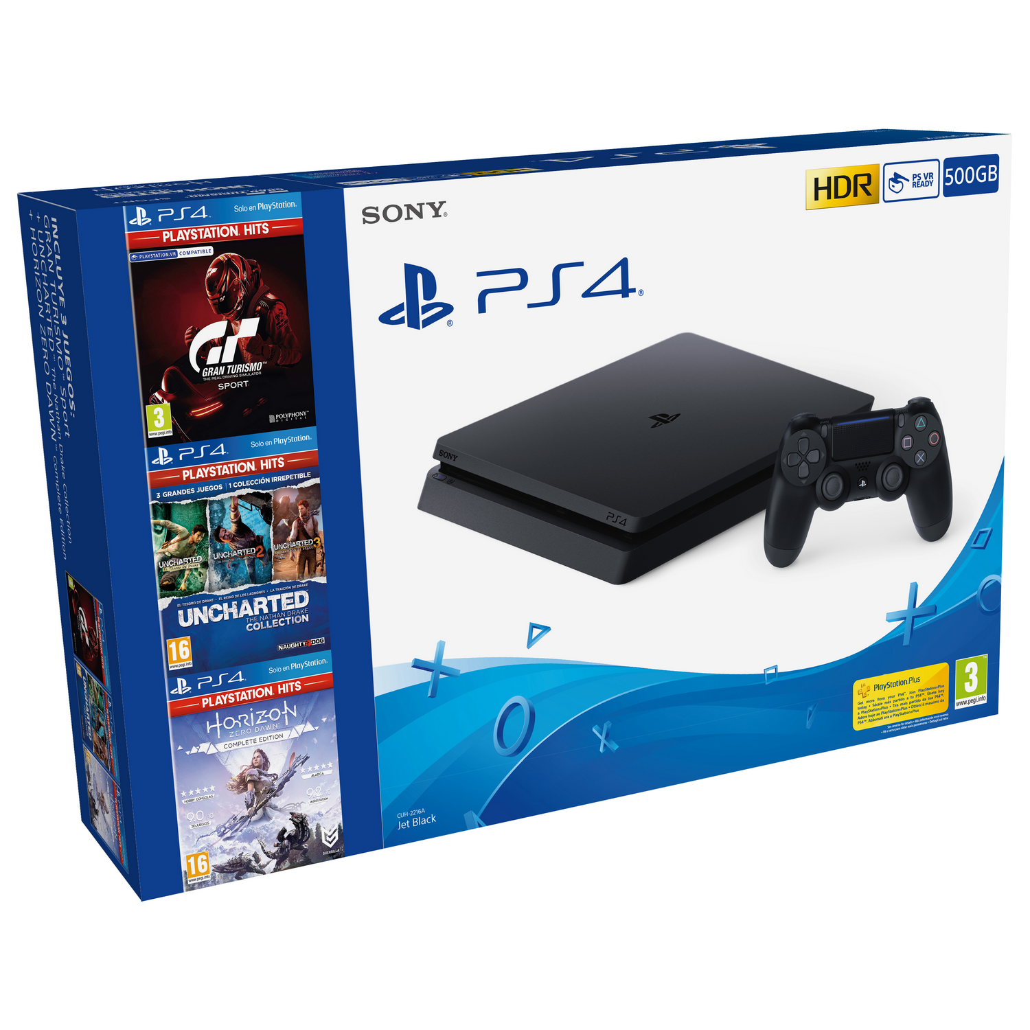 Consola PlayStation 4 con juegos y mando en una caja.