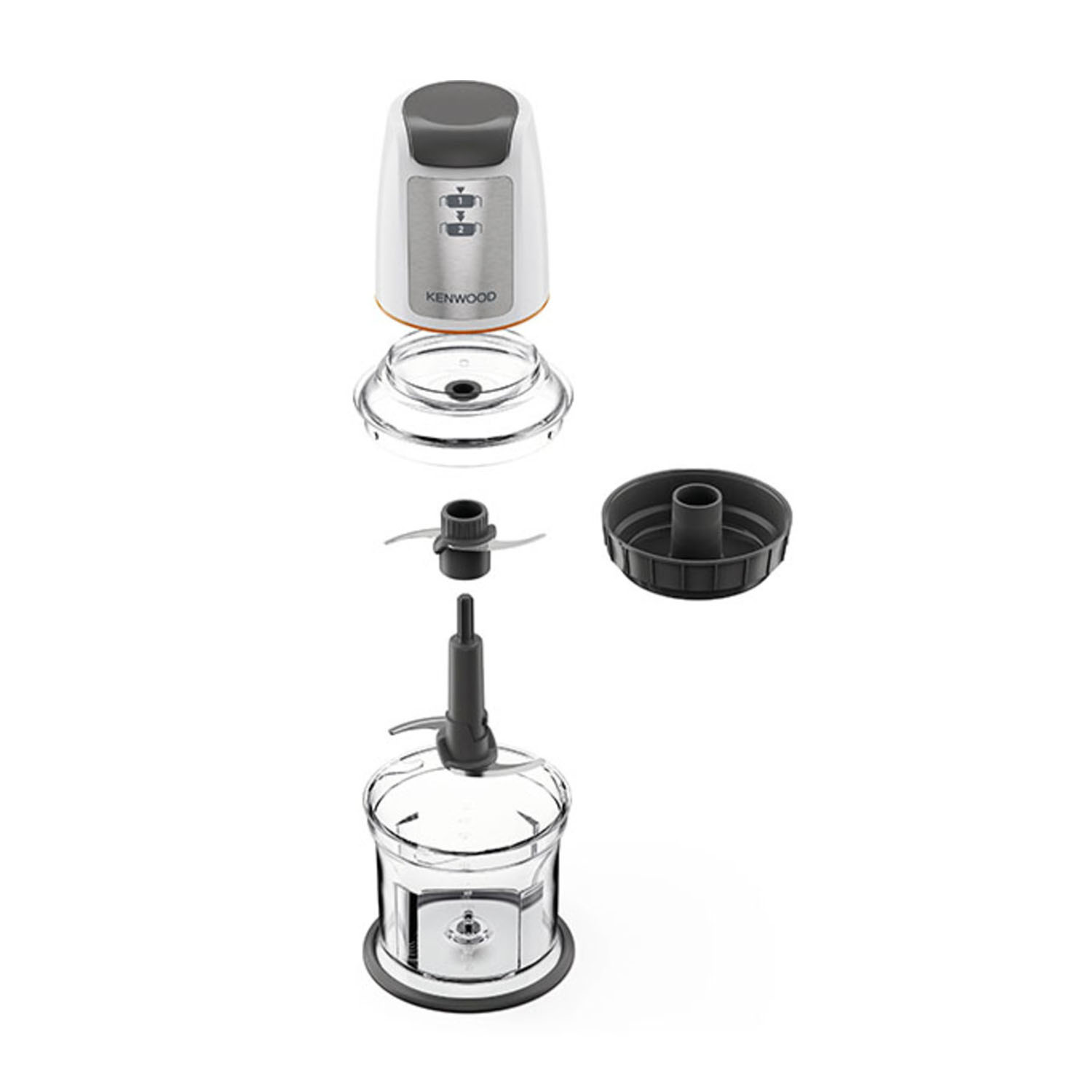 Robot da cucina smontato con parti visibili: motore, lama, ciotola e coperchio. Sfondo bianco.