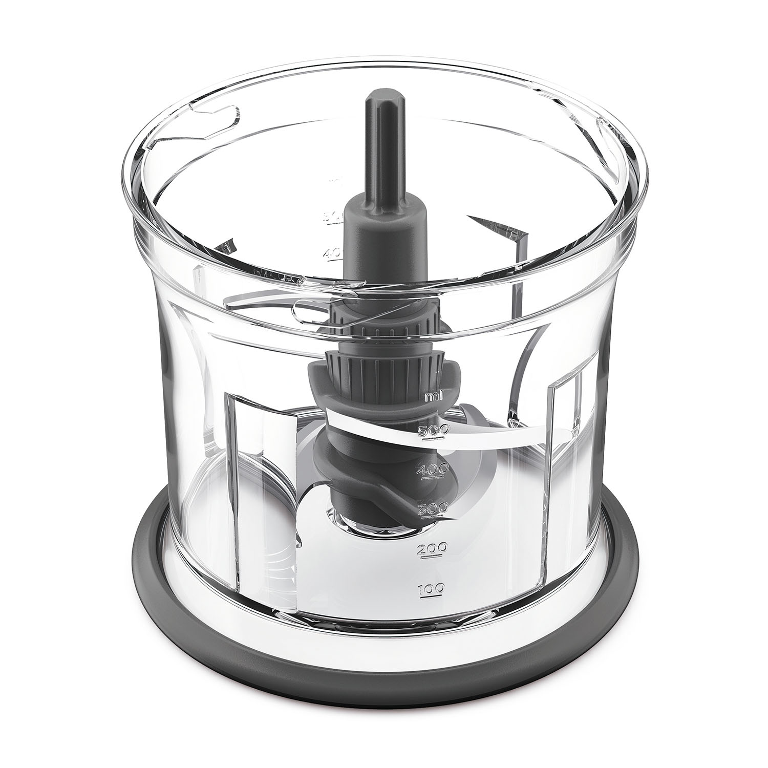 Ciotola trasparente per robot da cucina con lame all'interno. Visibile una base grigio scuro.