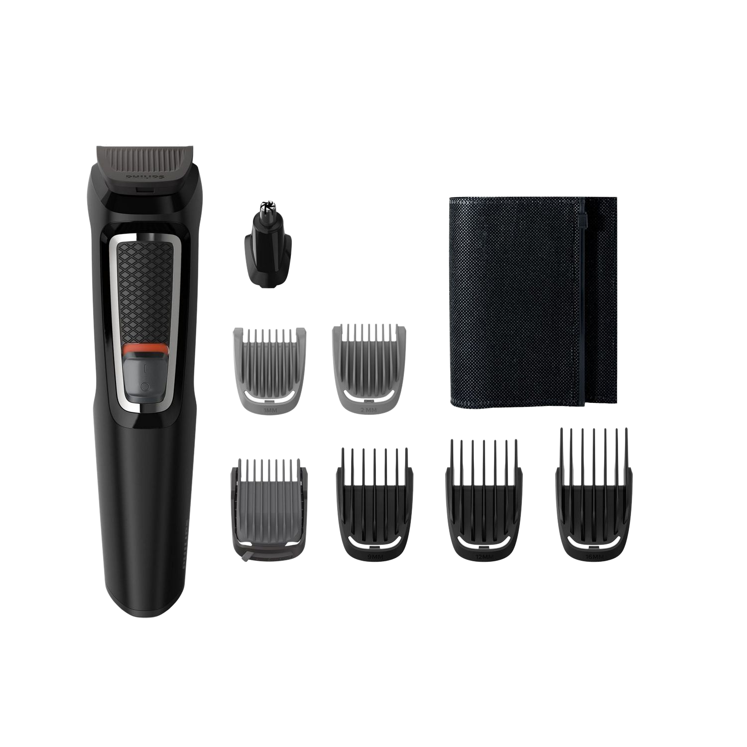 Un recortador múltiple Philips negro y sus accesorios. Está sobre un fondo oscuro, todas las piezas son visibles.