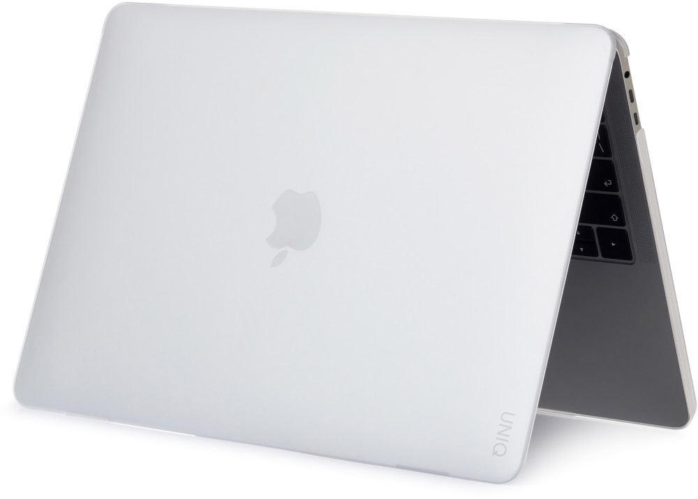 A silver laptop, closed, with the Apple logo visible. The case has a clear cover.