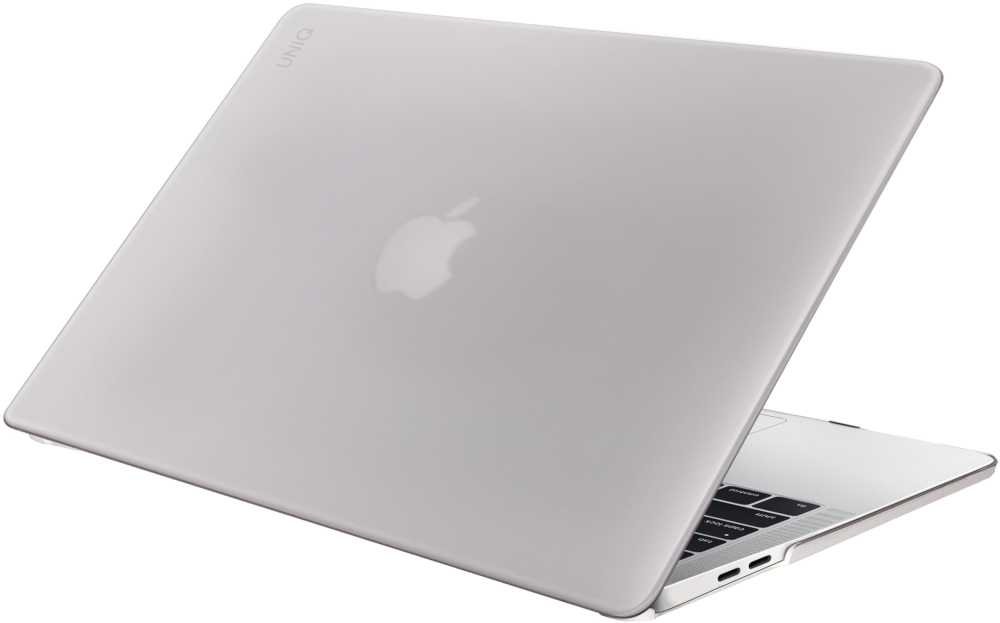 A silver laptop with the Apple logo on the lid, slightly open, on a white surface.