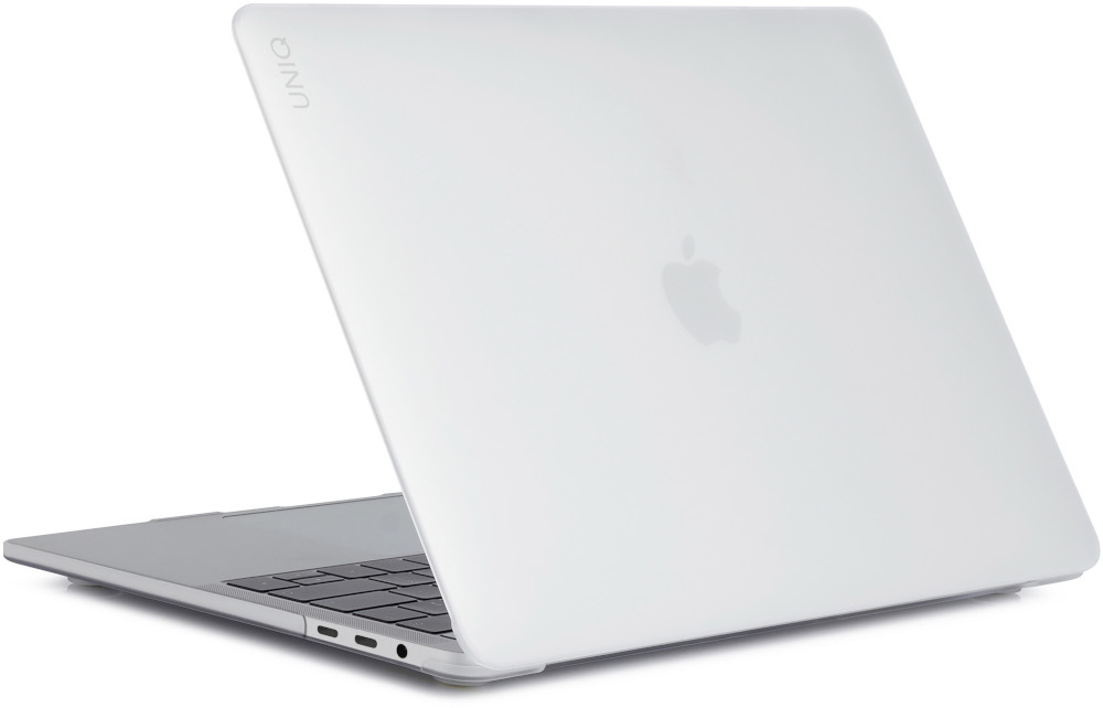 White laptop in a white case. Apple logo visible on the back.