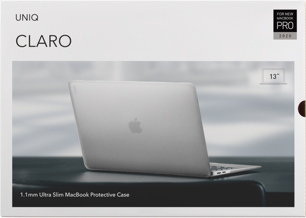 A MacBook in a clear case, with a white box. The box displays the brand name and a product description.