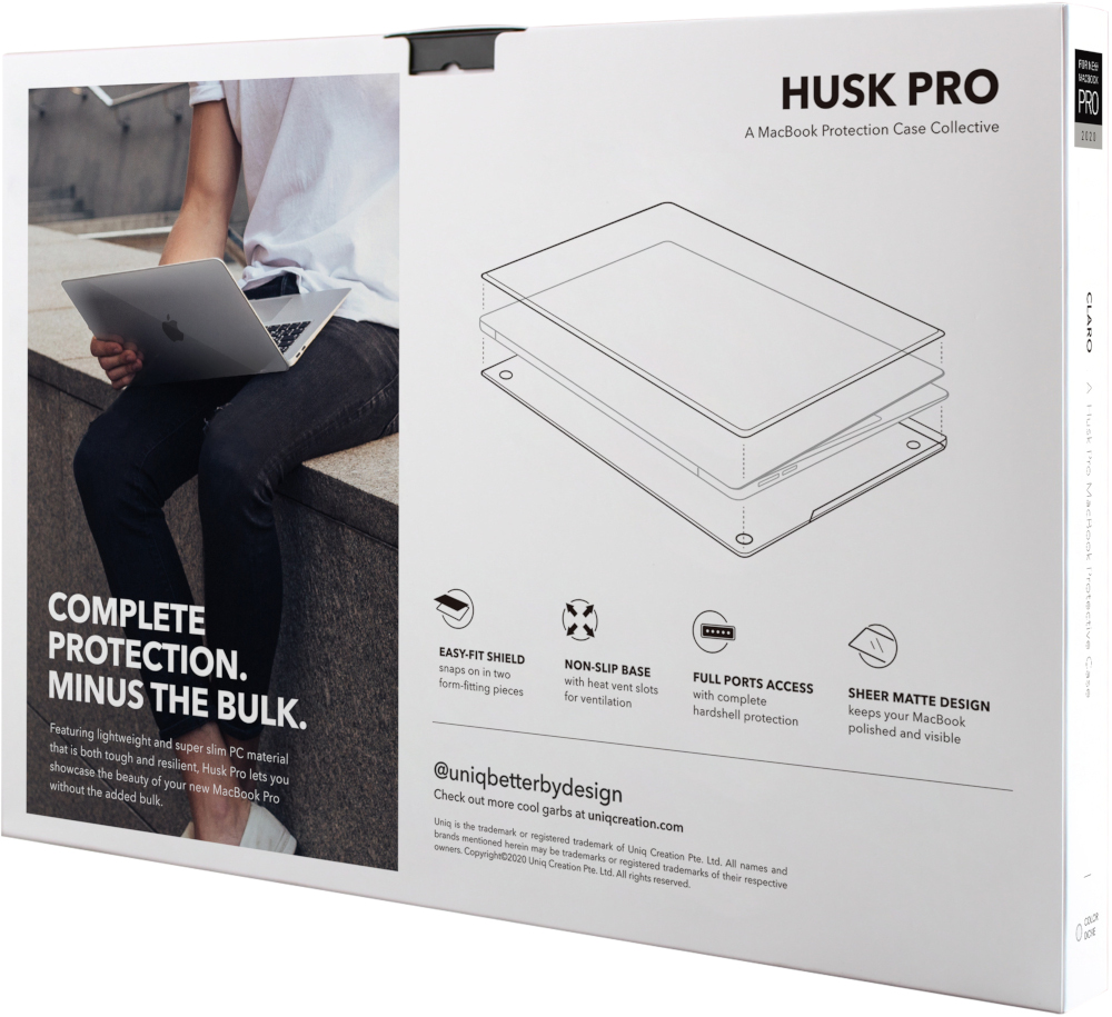 White box with text and a graphic showing a MacBook case.