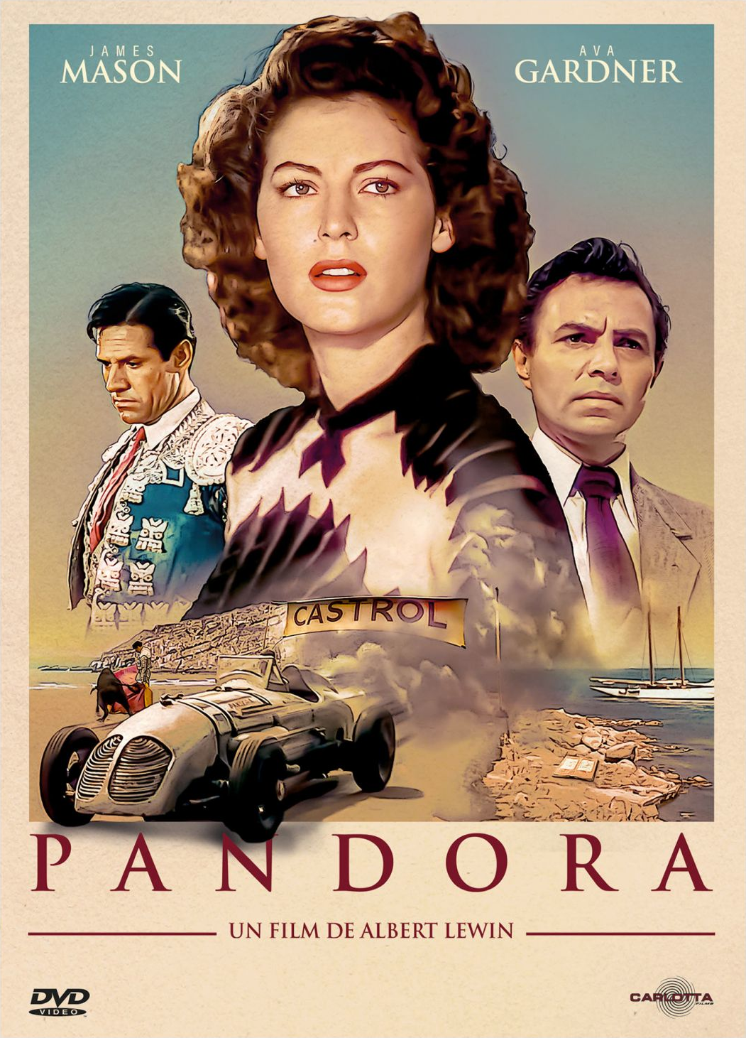 Couverture DVD pour 'Pandora'. Ava Gardner au centre. Une voiture de course au premier plan.