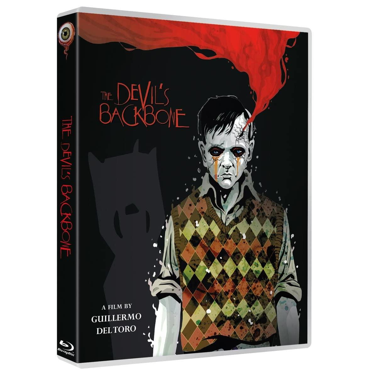 DVD-Hülle für „The Devil's Backbone“. Ein Junge mit Tränen, rotes und schwarzes Cover.