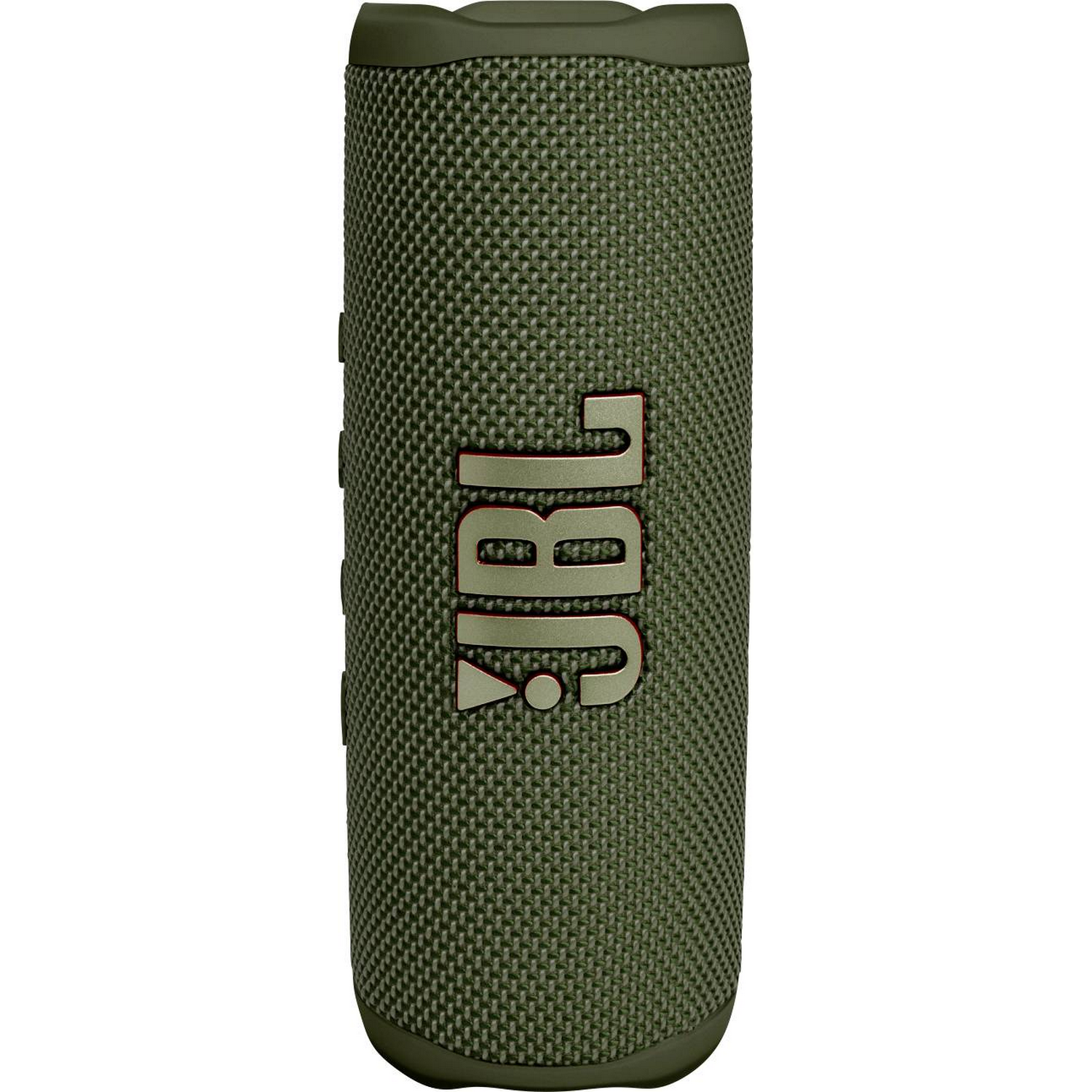 Altavoz JBL verde. El logotipo de JBL es rojo. Tiene una textura similar a una malla.