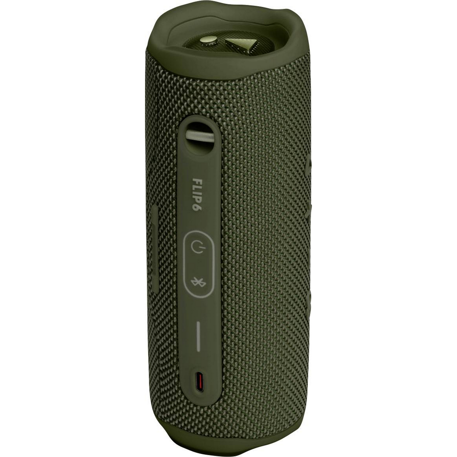 Altavoz portátil verde con botones y la palabra "FLIP 6". Está sobre un fondo blanco.