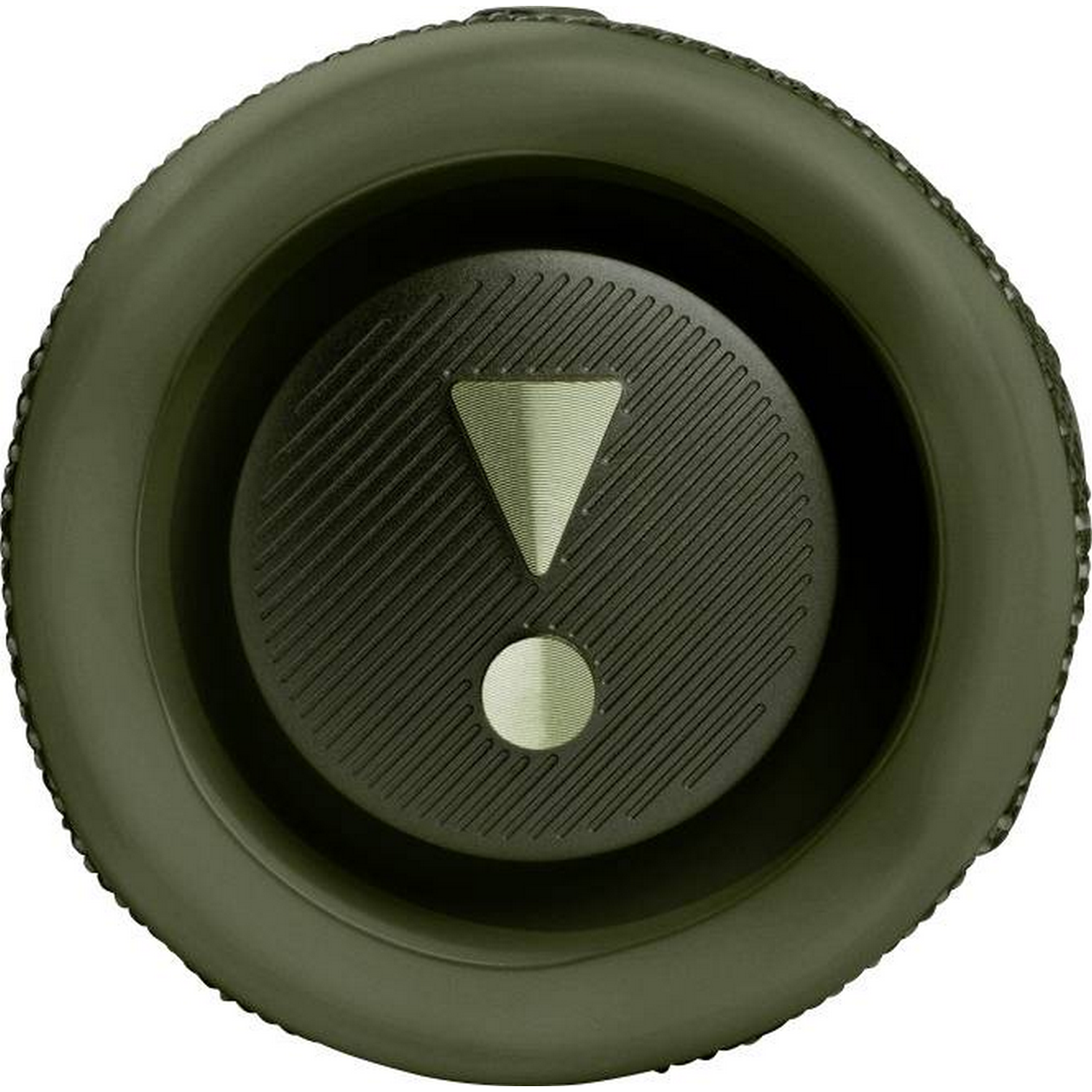 Primer plano de un altavoz verde con un signo de exclamación blanco.
