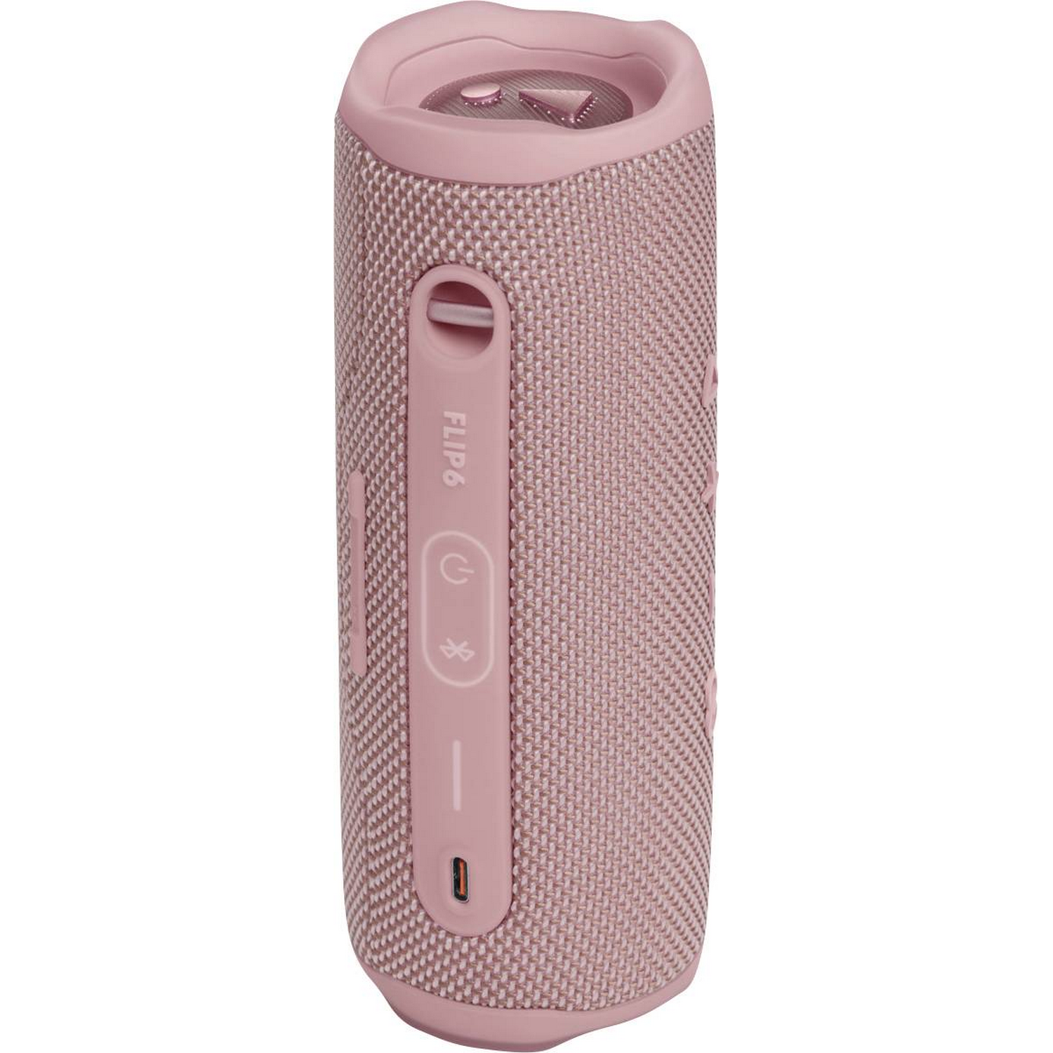 Altavoz JBL Flip 6 rosa sobre fondo blanco, con botones de control.
