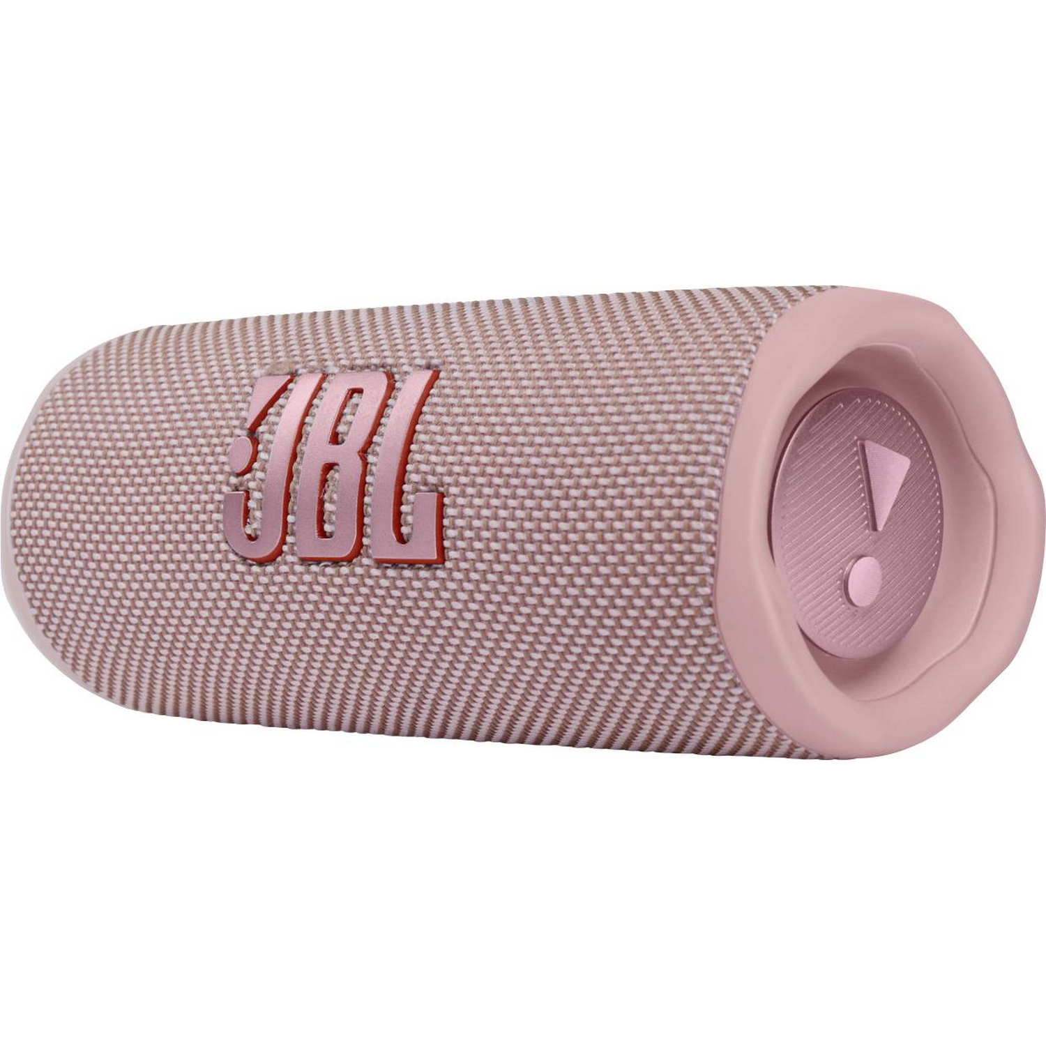 Altavoz JBL rosa y beige, forma cilíndrica.
