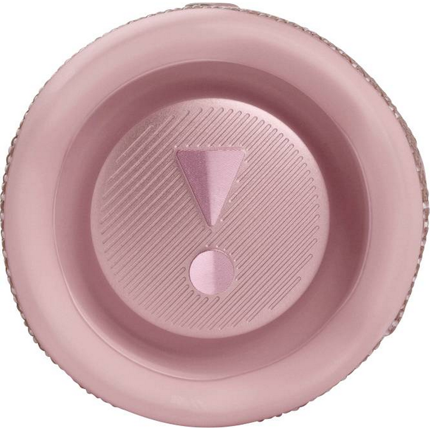 Altavoz JBL rosa, primer plano de la parte frontal con logotipo y superficie texturizada.