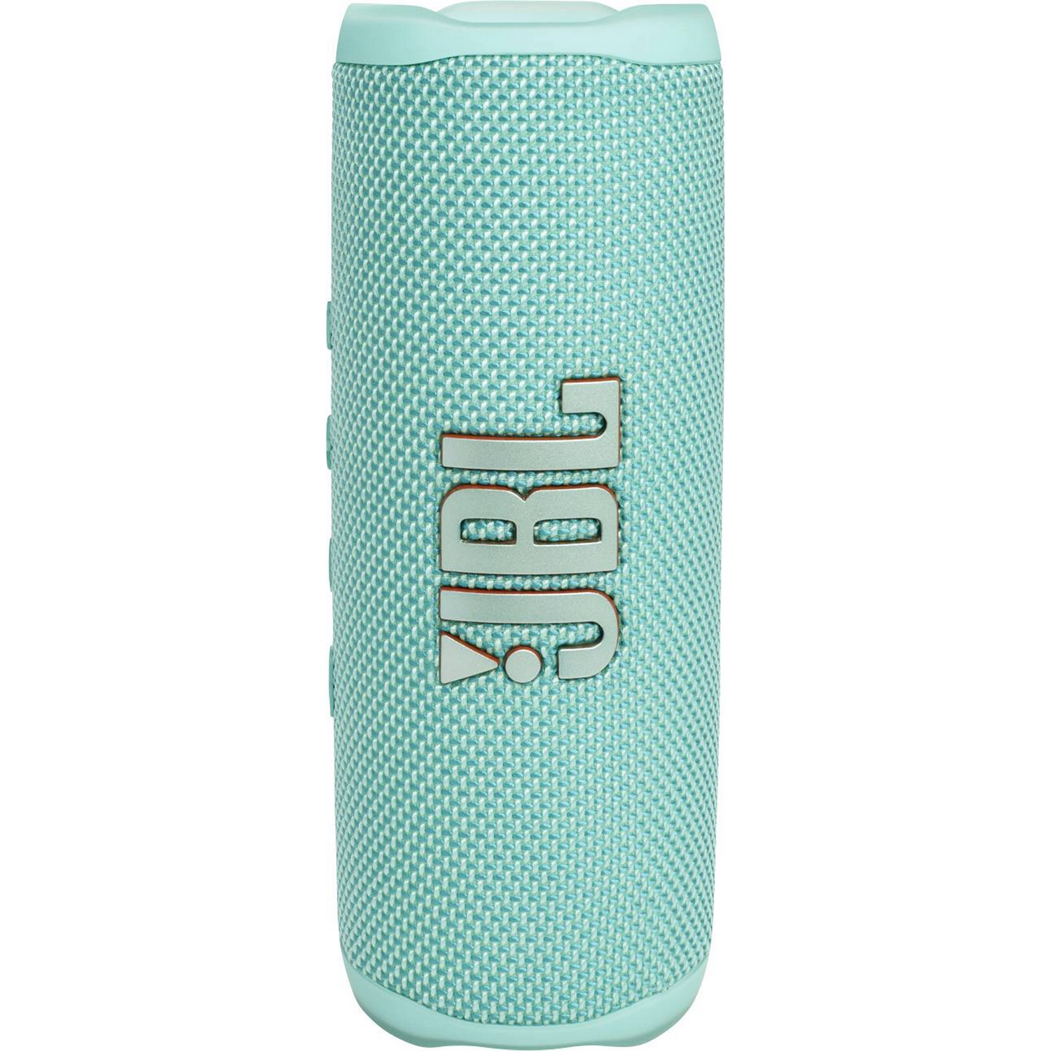 Altavoz JBL turquesa. Forma cilíndrica, textura de malla y logotipo JBL blanco.