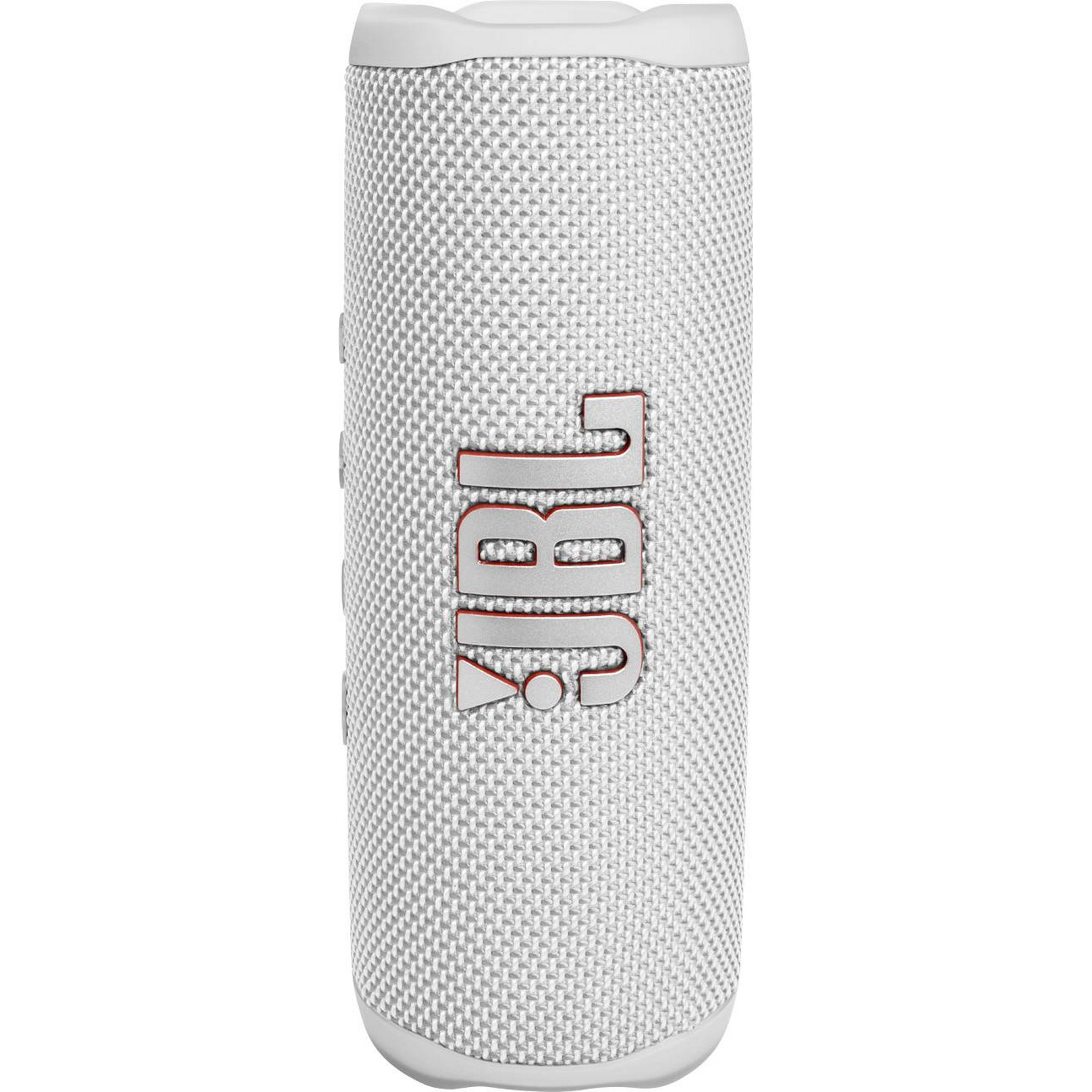 Un altavoz JBL blanco con el logotipo rojo de JBL en el frente y un patrón de malla blanca.