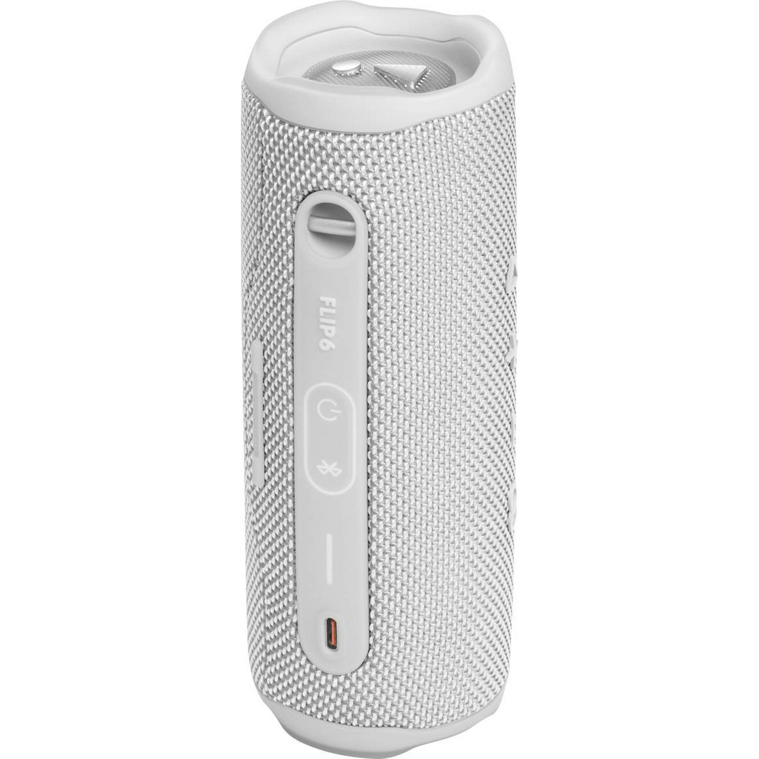 Un altavoz portátil blanco JBL Flip 6. Es cilíndrico y tiene botones de control en el lateral.