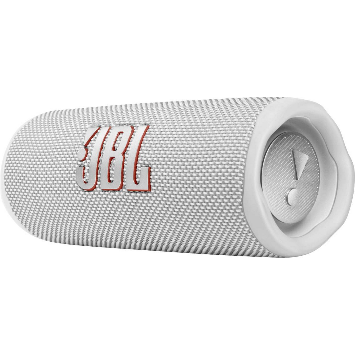 Un altavoz JBL blanco y gris. Es cilíndrico con extremos blancos y el logotipo JBL es prominente.