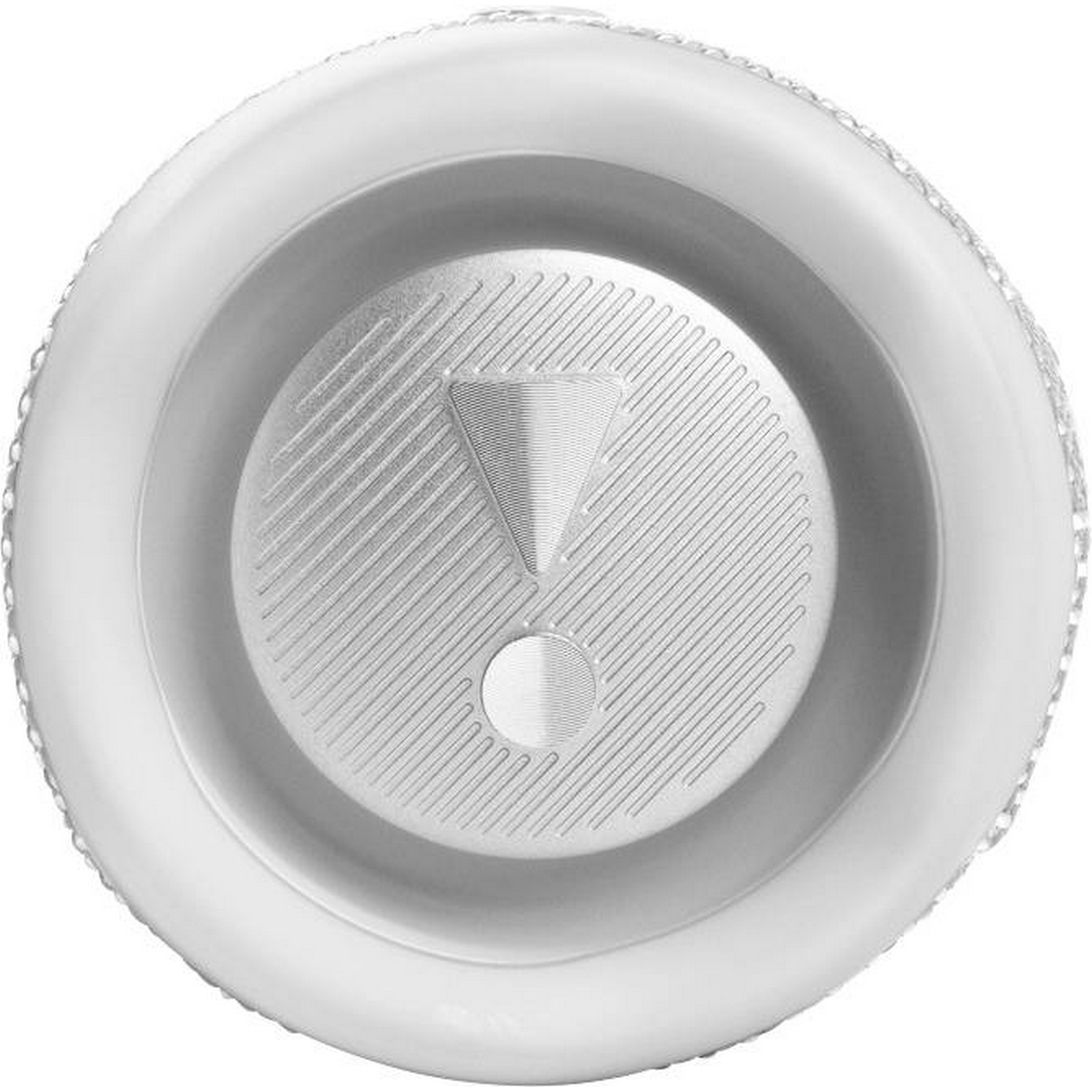 Un altavoz blanco con un logotipo central, rodeado por un diseño texturizado y acanalado.