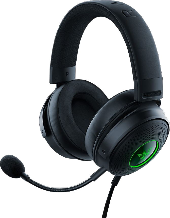 Zwarte Razer gaming headset met een groen verlicht logo, microfoon en gevoerde oorschelpen.