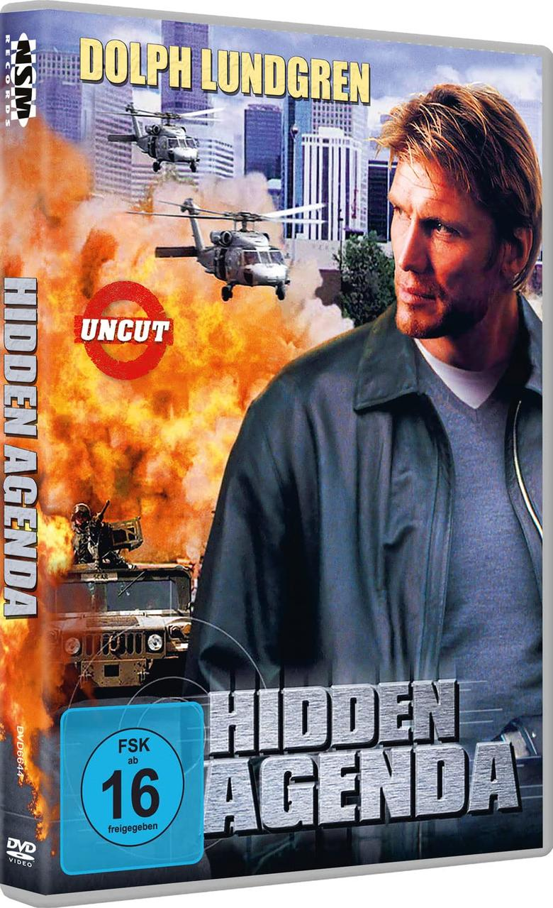 DVD-Cover des Films mit Dolph Lundgren, Hubschraubern und dem Titel 'Hidden Agenda'.