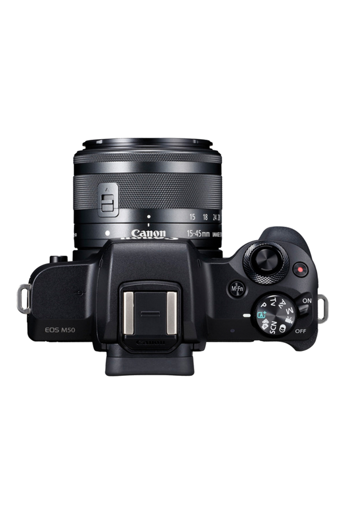 Siyah bir Canon EOS M50 kamera, yukarıdan görünüm, bir lens takılı. Düğmeleri ve bir kadranı var.