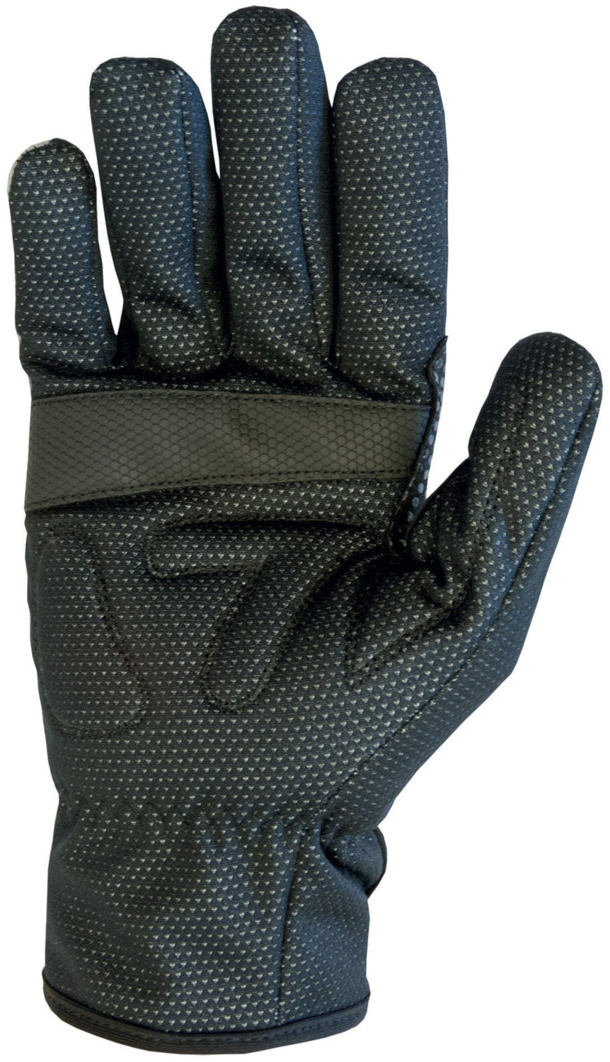 Un gant noir avec une surface texturée et une sangle au poignet, vu sur un fond blanc.