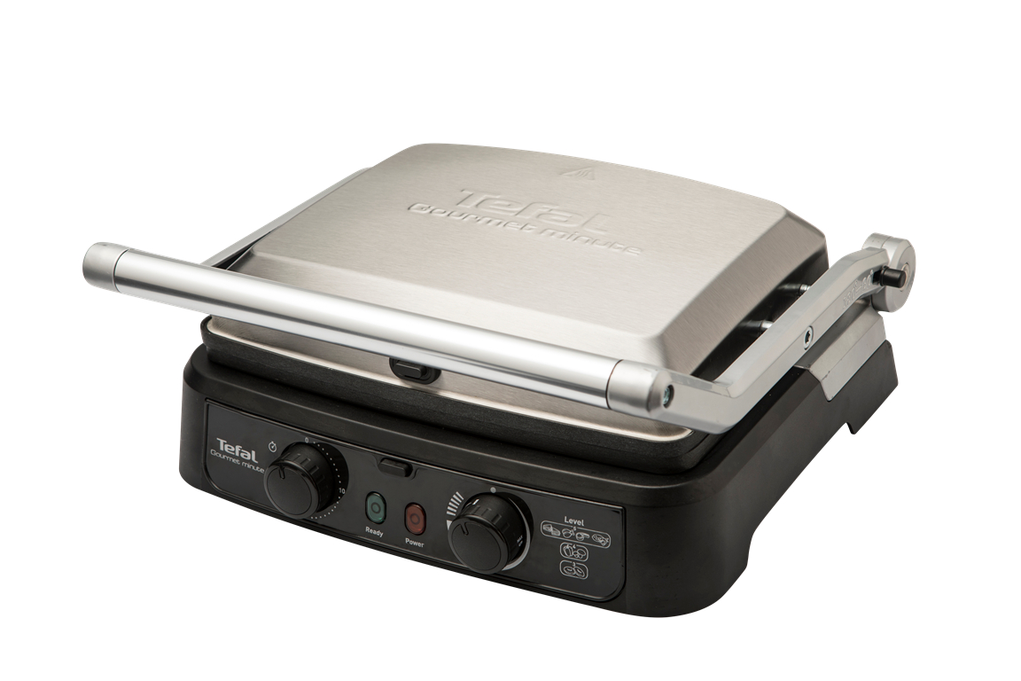 Tefal Gourmet Minutes ızgara, gümüş ve siyah, beyaz zeminde kontrol paneli ve kulpuyla.