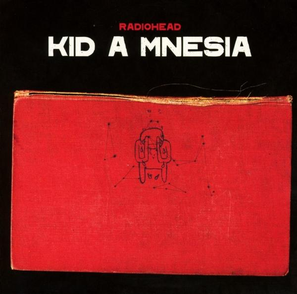 Albumcover: Radiohead Kid A MNESIA. Rote Buchabdeckung mit Skizze.
