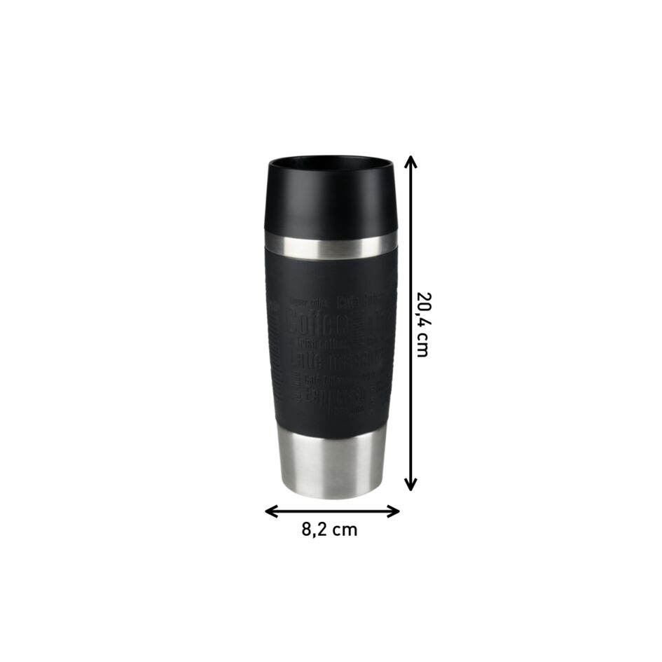 Gümüş tabanlı siyah seyahat kupası. Boyutları gösterir: 20,4 cm yüksekliğinde, 8,2 cm genişliğinde.