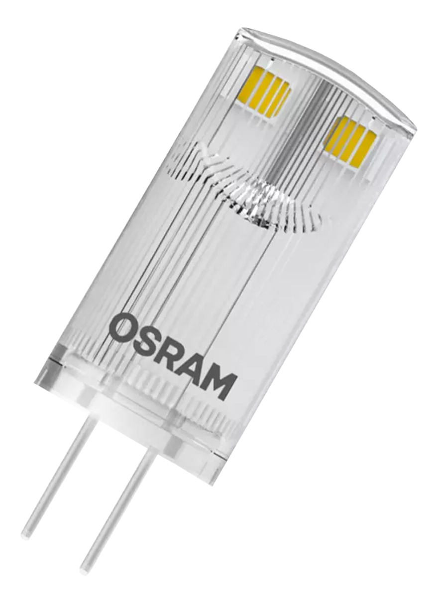 Osram G9 LED-Lampe, transparent mit zwei gelben Leuchtelementen.