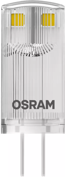 Nahaufnahme einer Osram LED-Glühbirne, klar mit zwei gelben Filamenten.