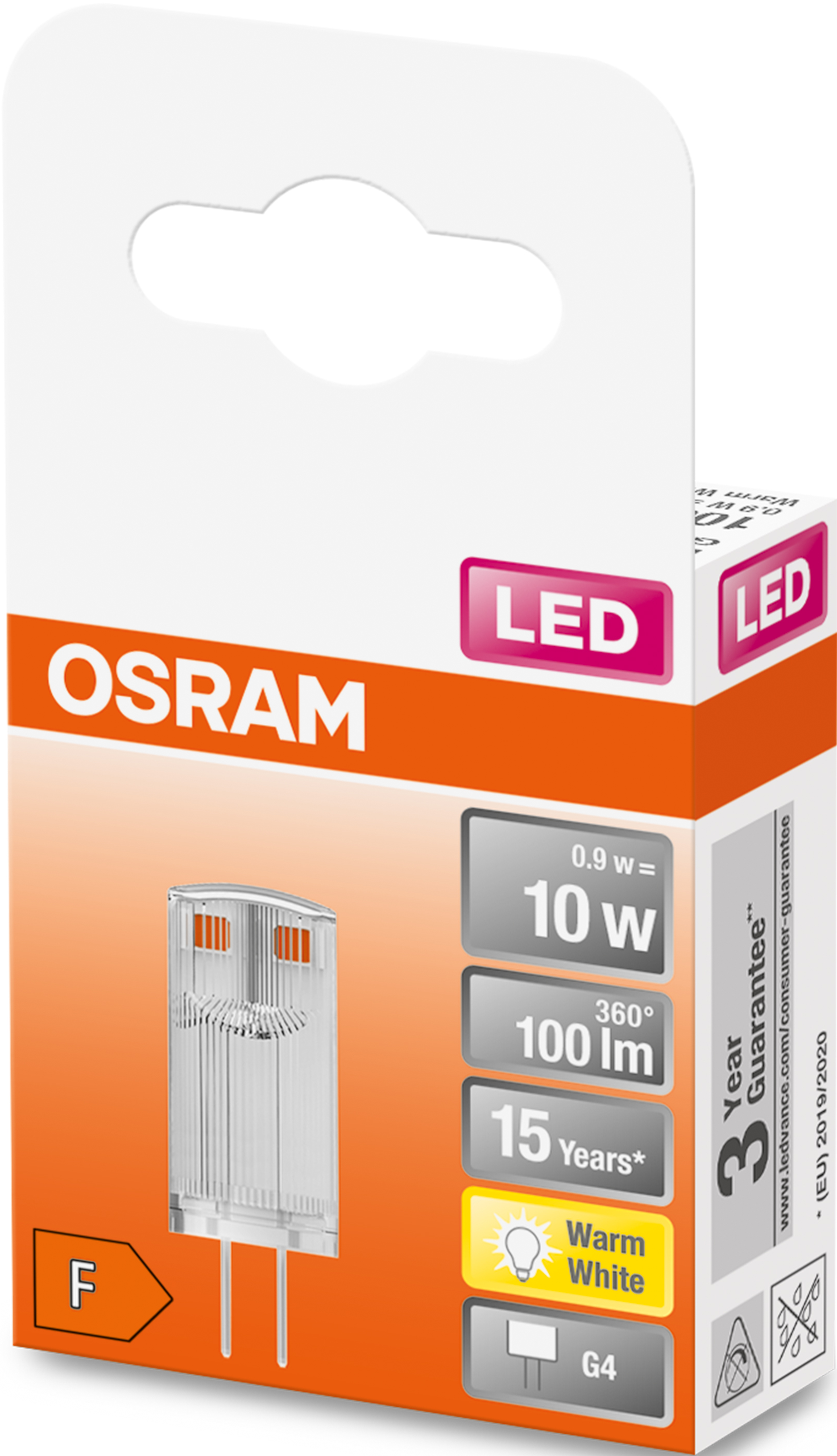 Verpackung einer LED-Glühbirne, weißer Hintergrund mit Produktinformationen.