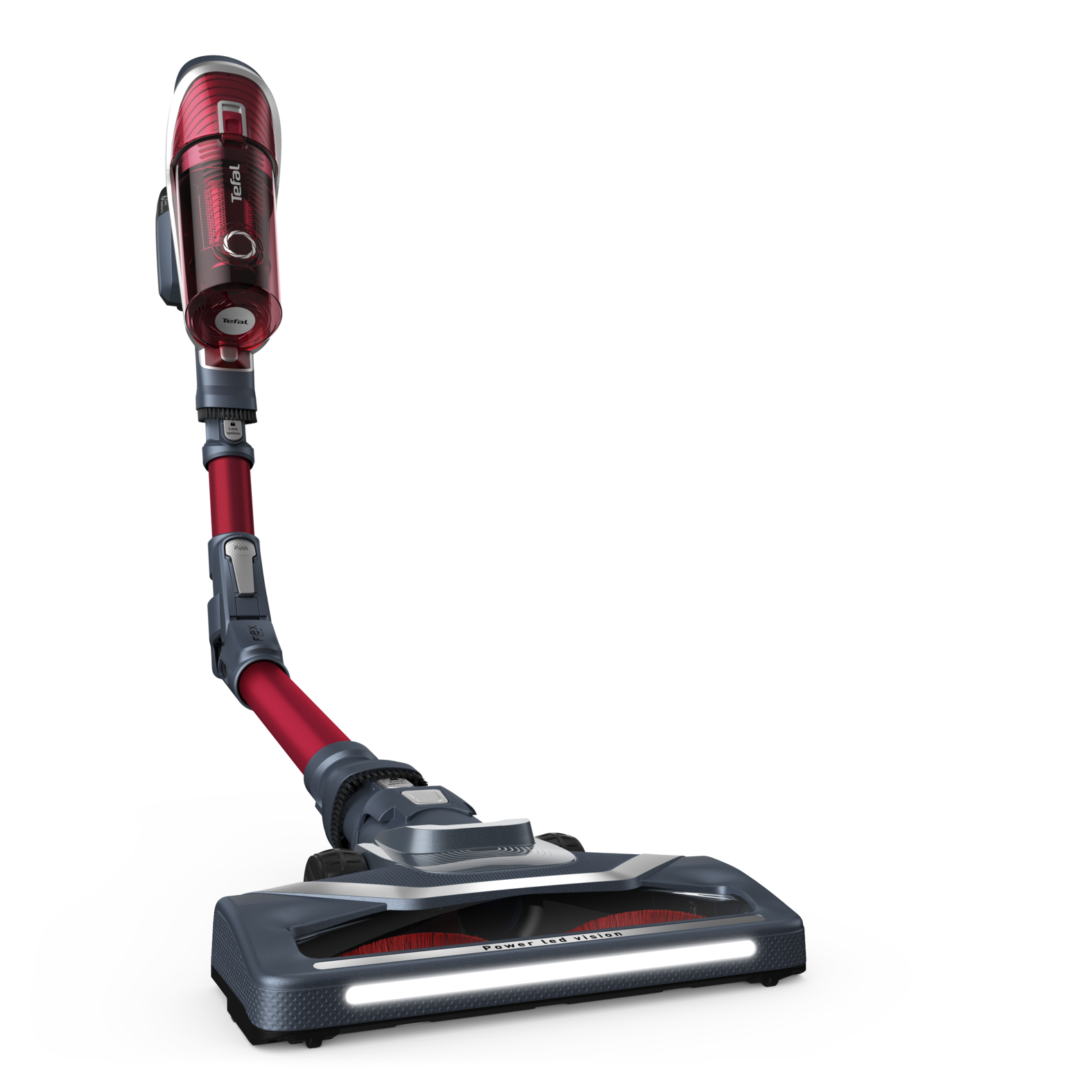 Kırmızı ve gri Tefal kablosuz elektrikli süpürge, uzun, esnek bir kolla.
